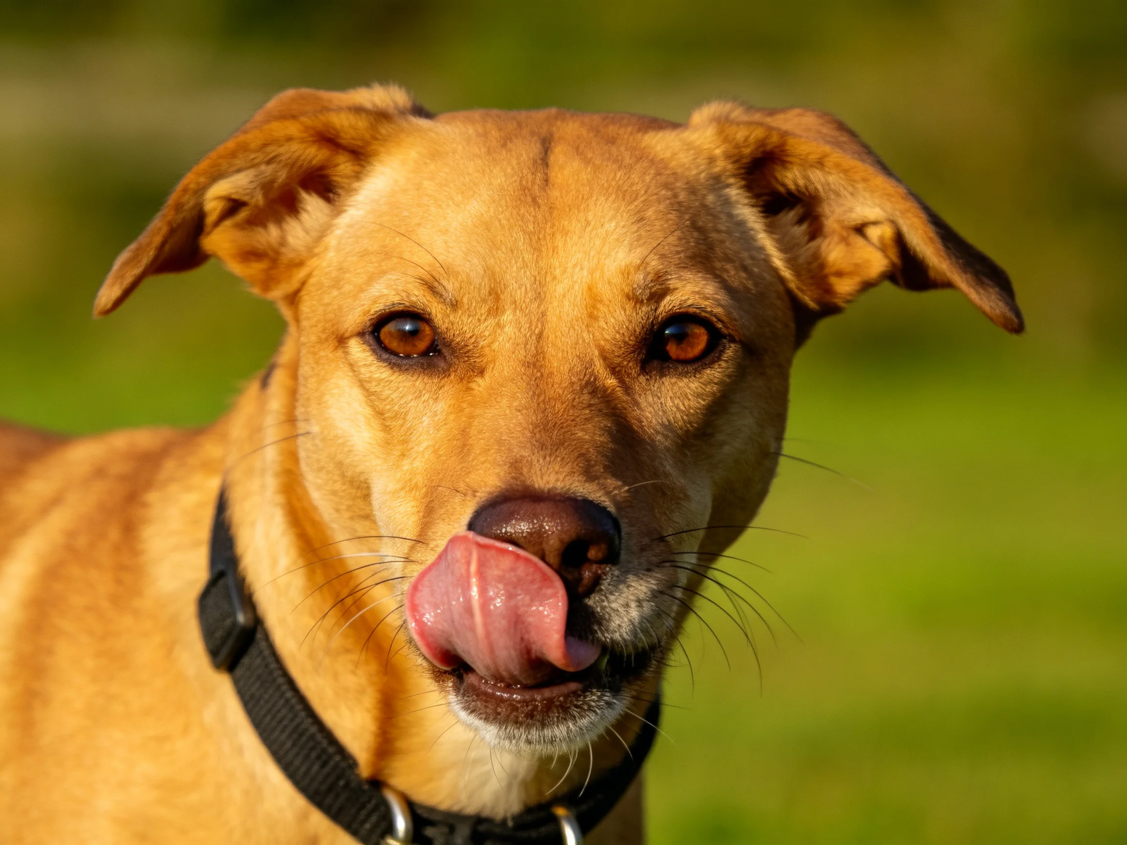 A tan dog wearing a black collar licks its nose in a sunlit green outdoor space.