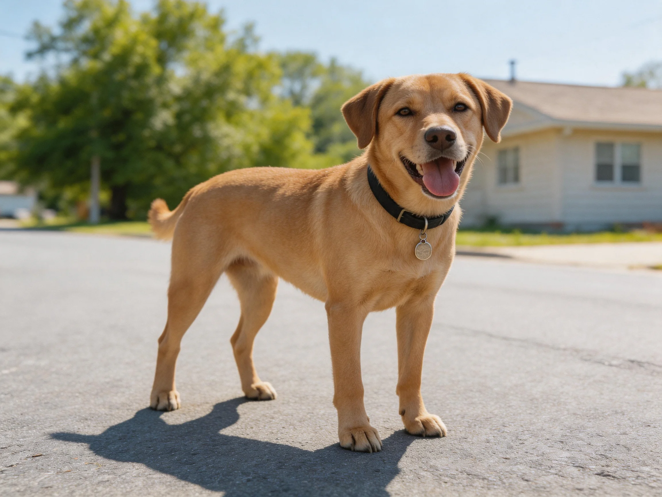 A cheerful tan dog stands on a quiet suburban street.