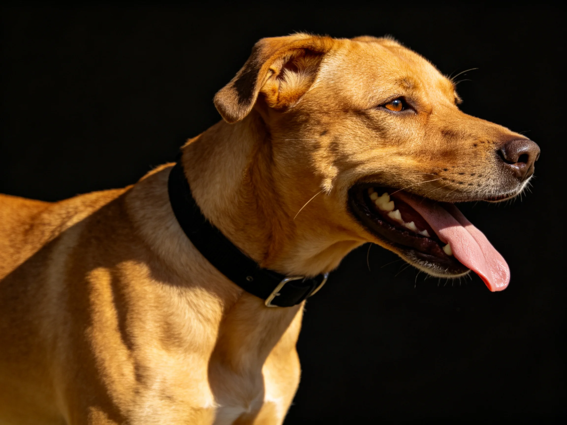 A tan dog with a black collar stands out against a dark backdrop