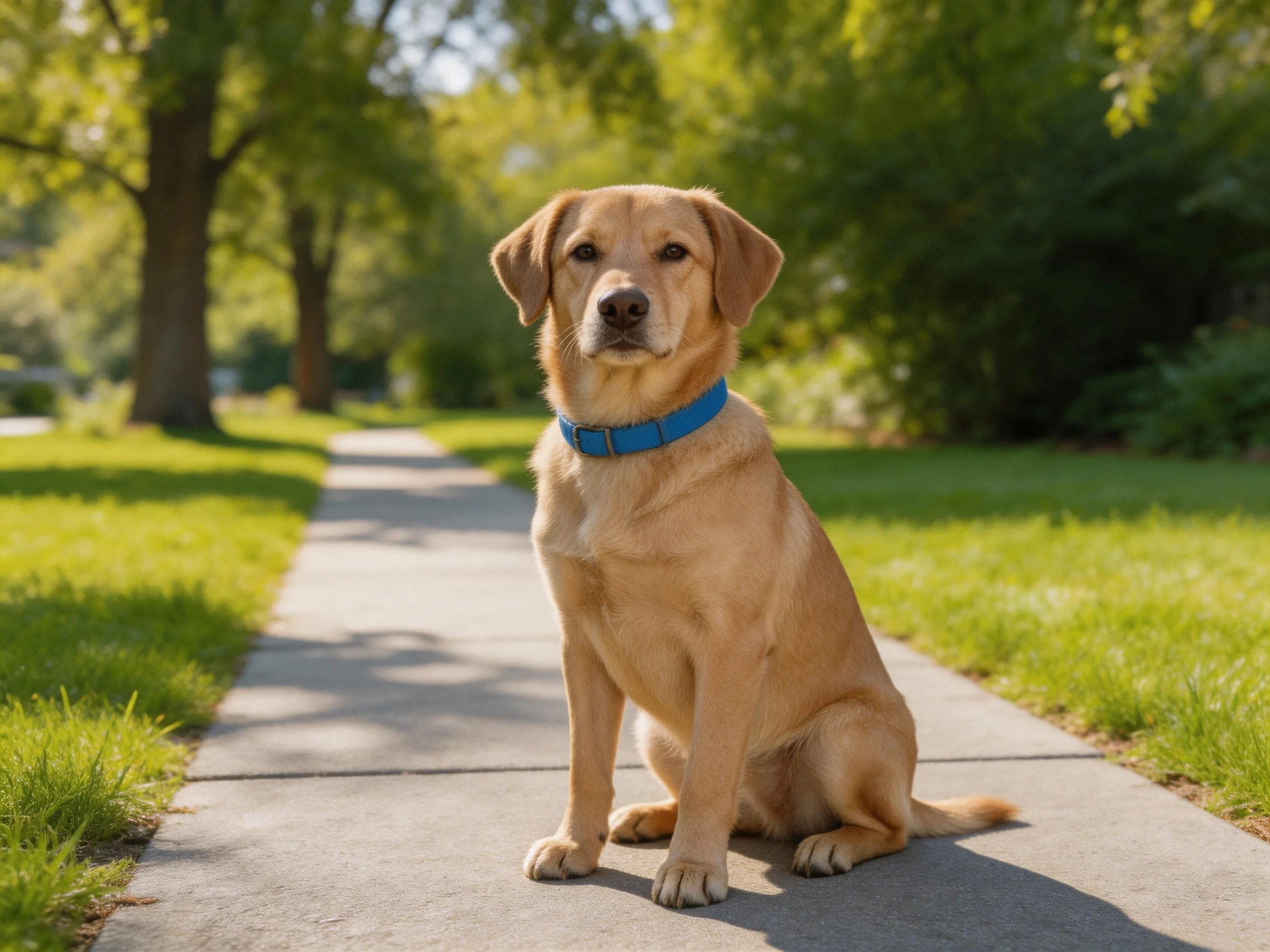 A tan dog with a blue collar sits on a concrete path in a sunlit park