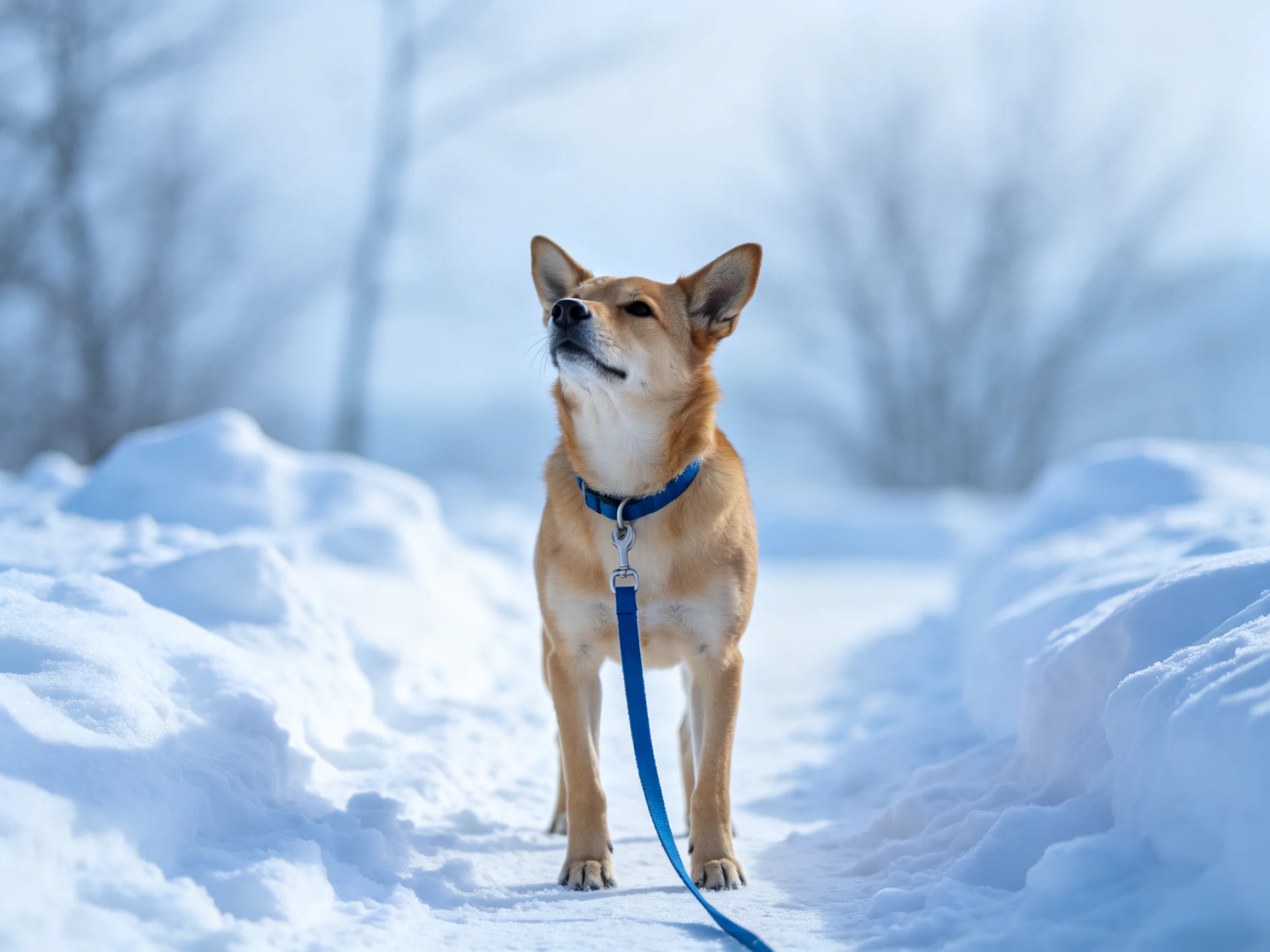A tan dog with a blue leash stands on a snow - covered path