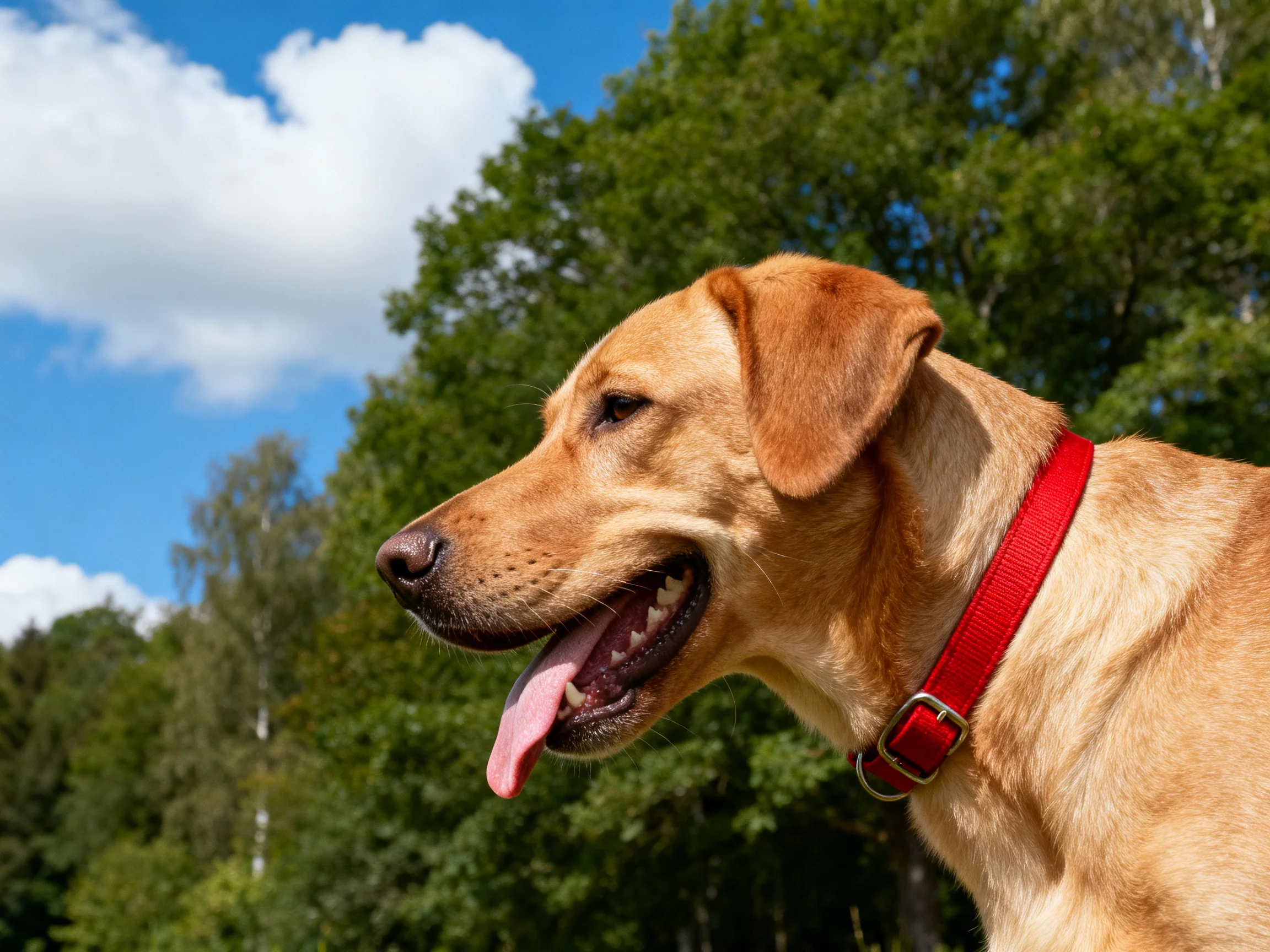 A tan dog with a bright red collar in a sunny wooded area