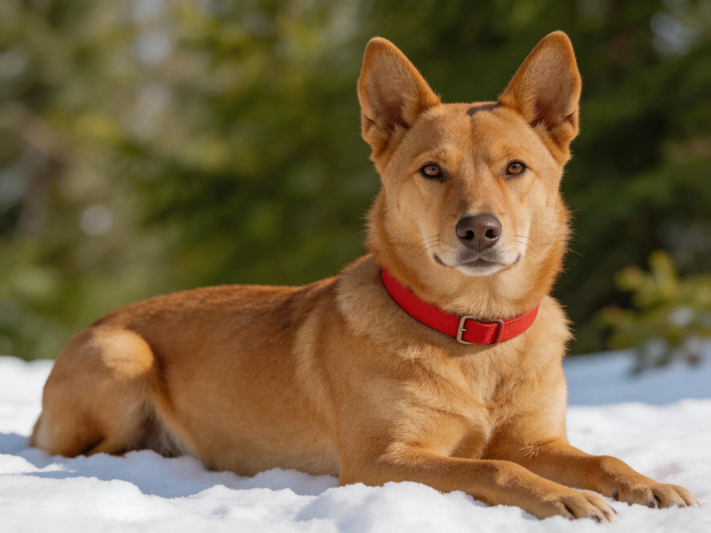 A tan dog with a red collar rests peacefully on snow amidst greenery.