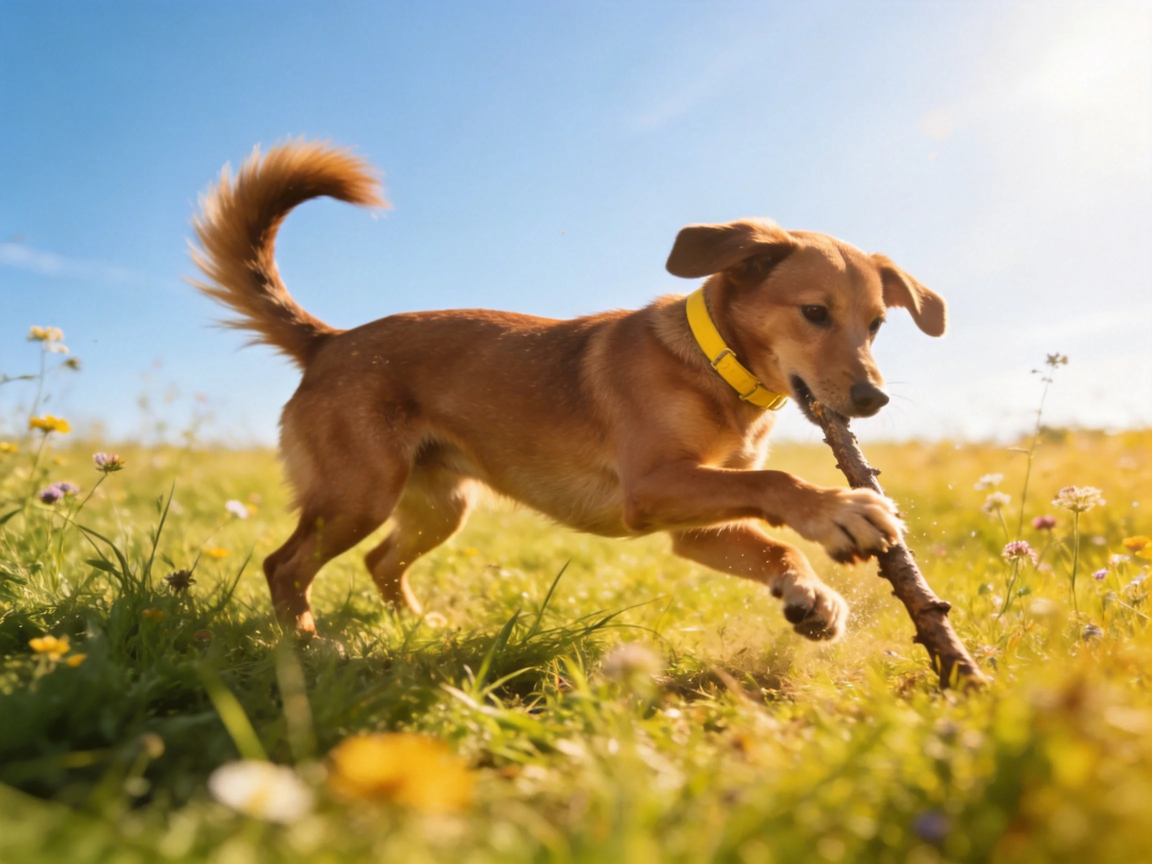 A tan dog with a yellow collar runs through a flower meadow holding a stick.
