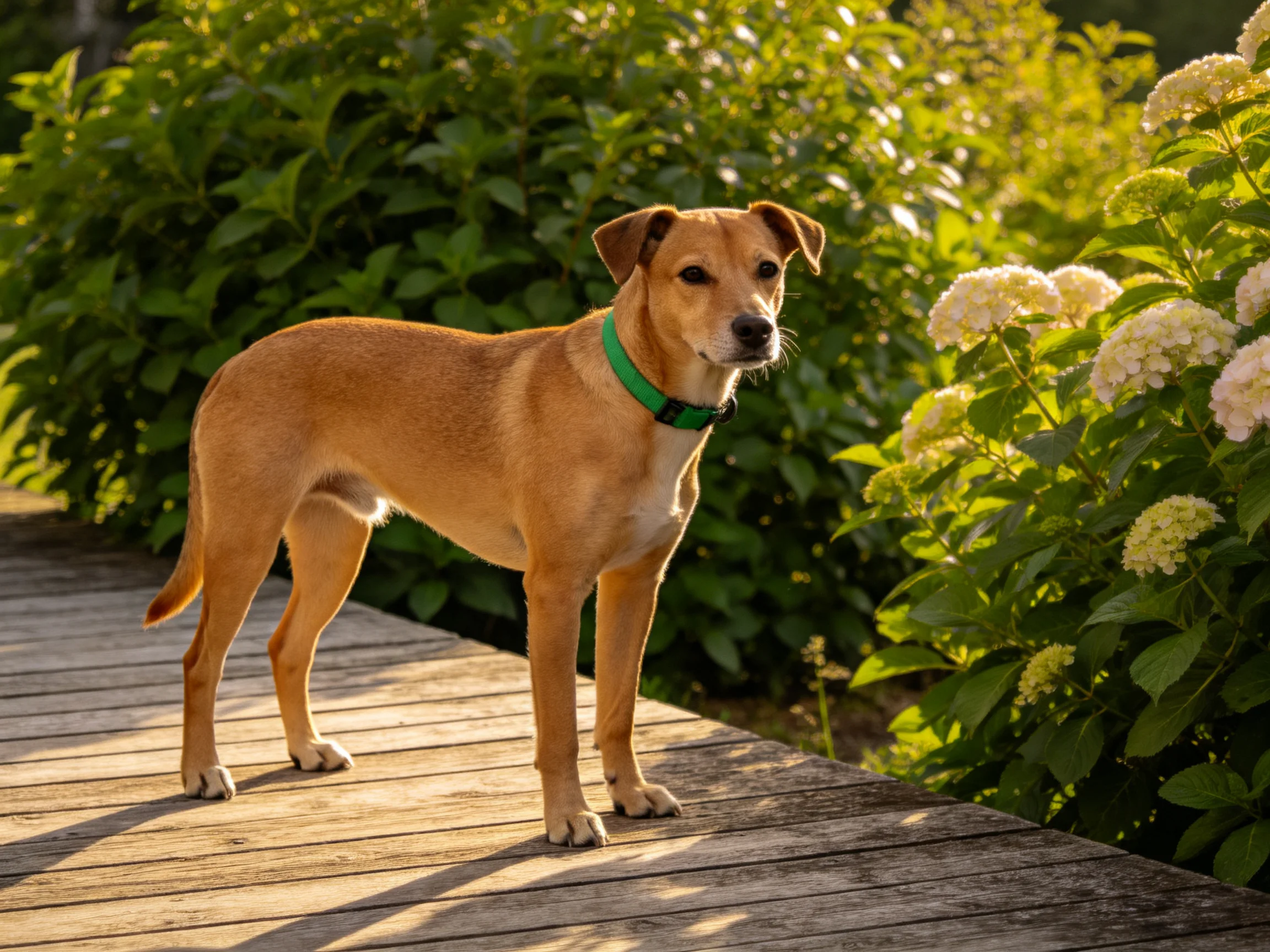 A tan dog with a green collar stands on a wooden deck near blooming bushes
