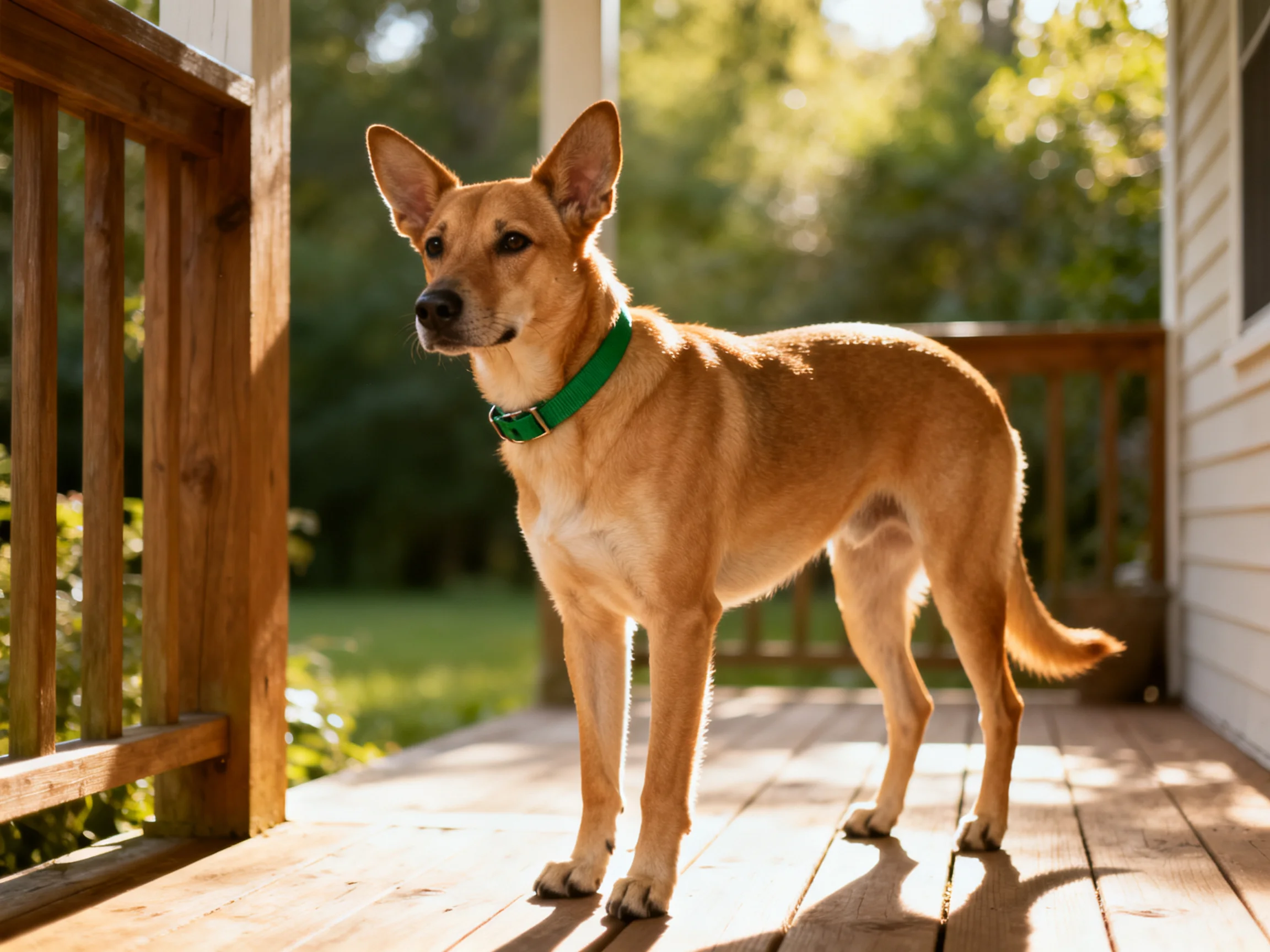 A tan dog with a green collar stands on a wooden porch