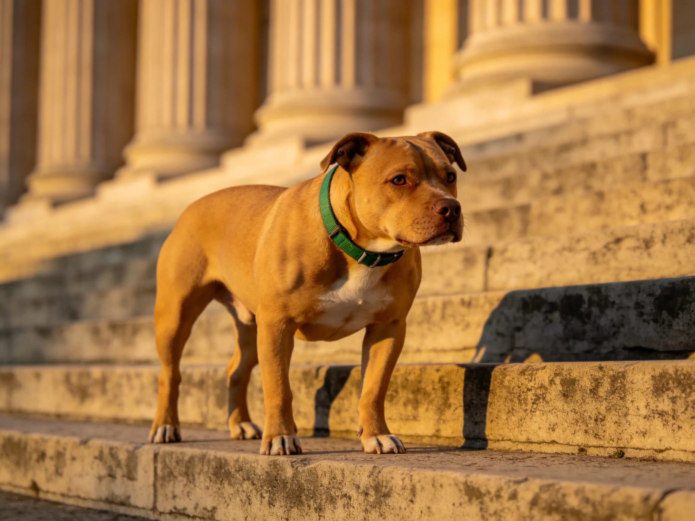 A tan dog with a green collar stands on aged stone steps beside large columns