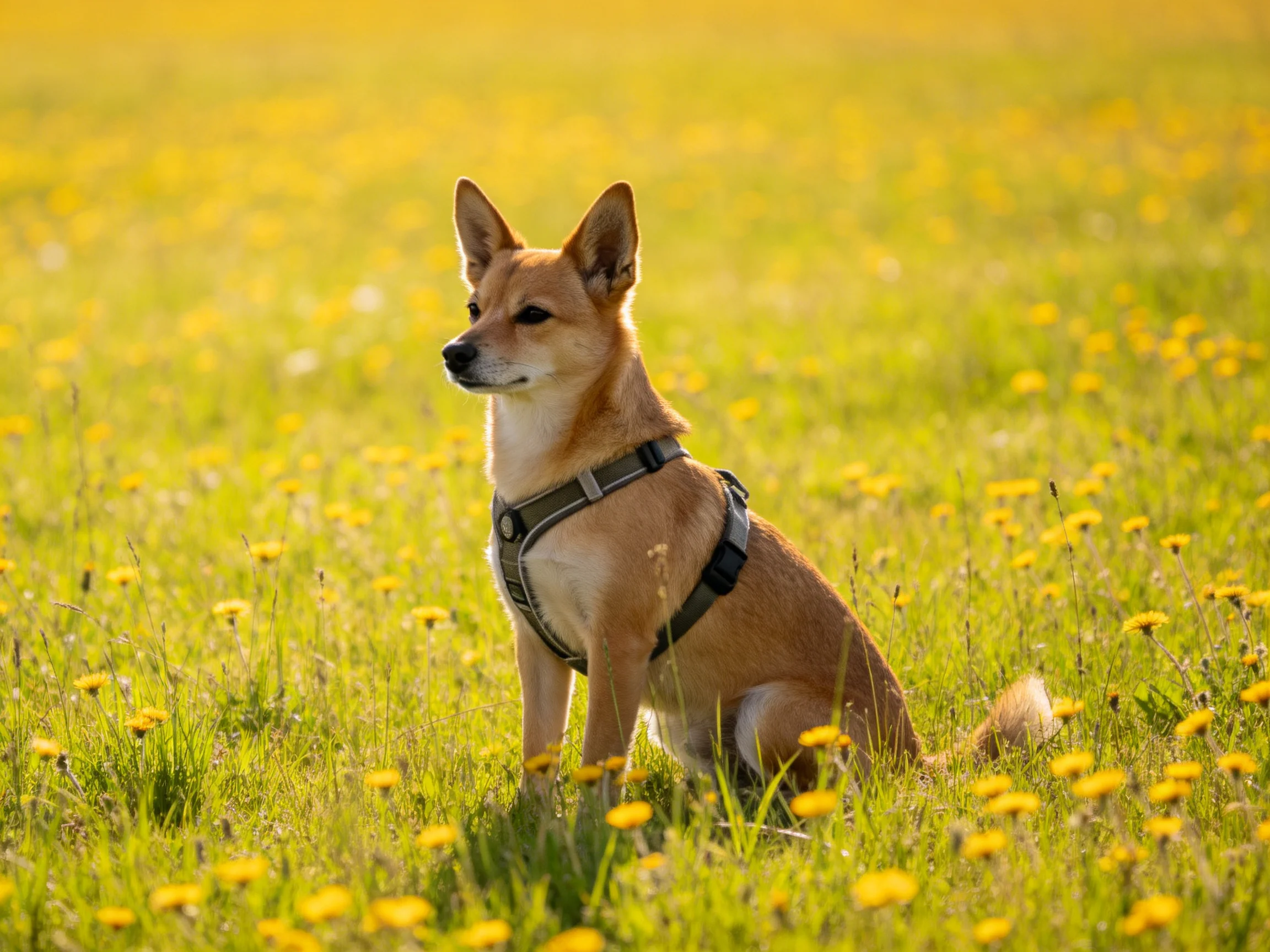 A tan dog with a harness sits amid yellow wildflowers in a sunlit meadow