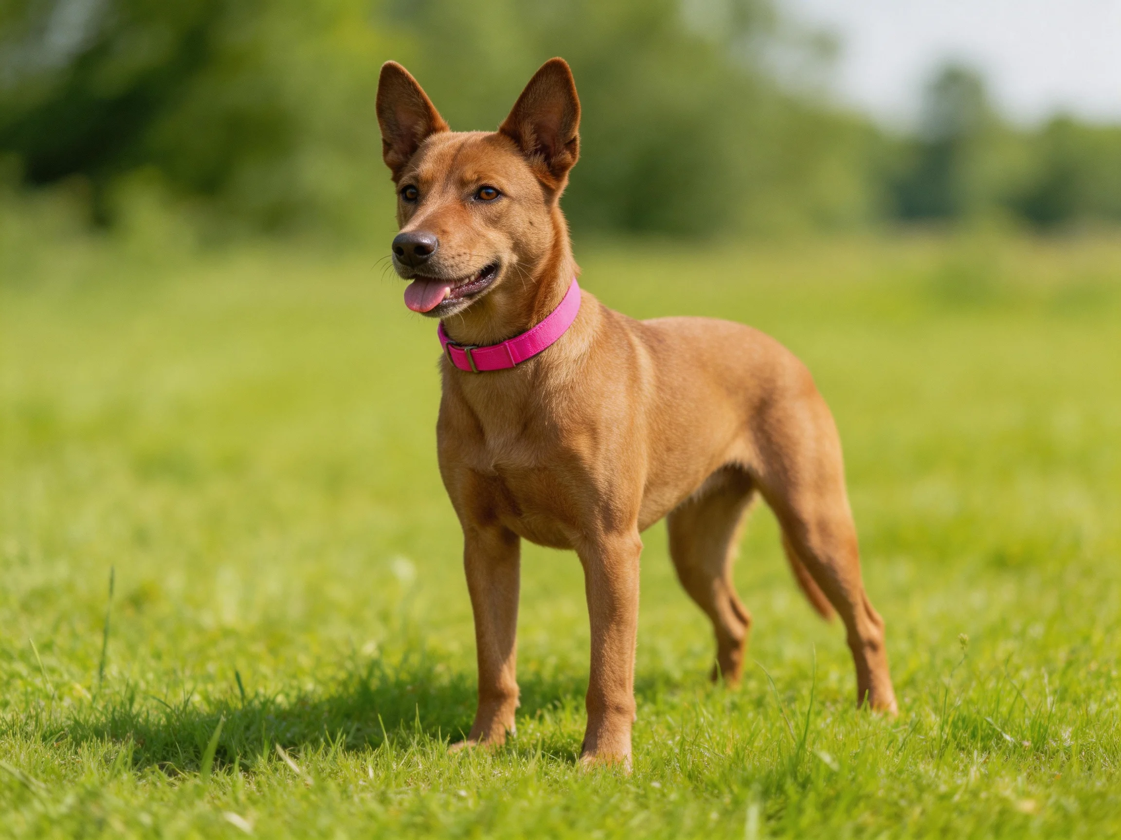 A tan dog with a pink collar stands in a sunlit grassy field.