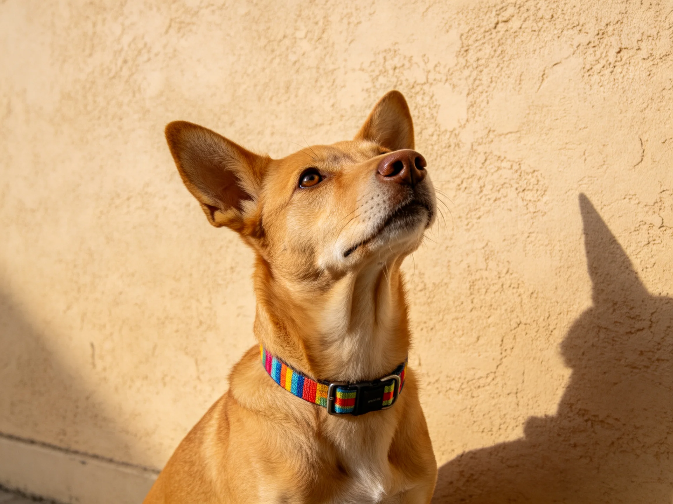 A tan dog with a rainbow collar sits near a textured beige wall