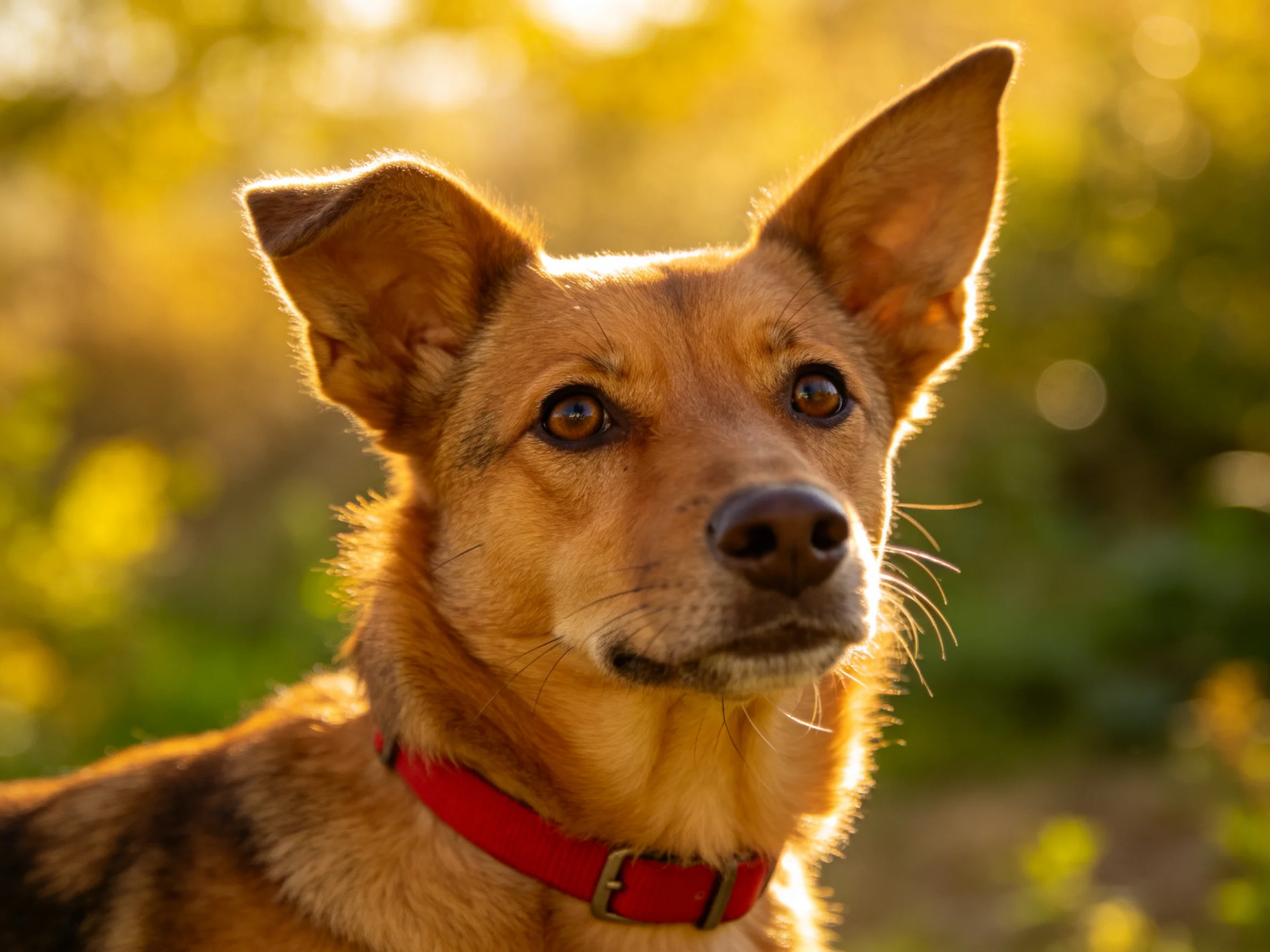 A tan dog with a red collar is photographed outdoors during golden hour.