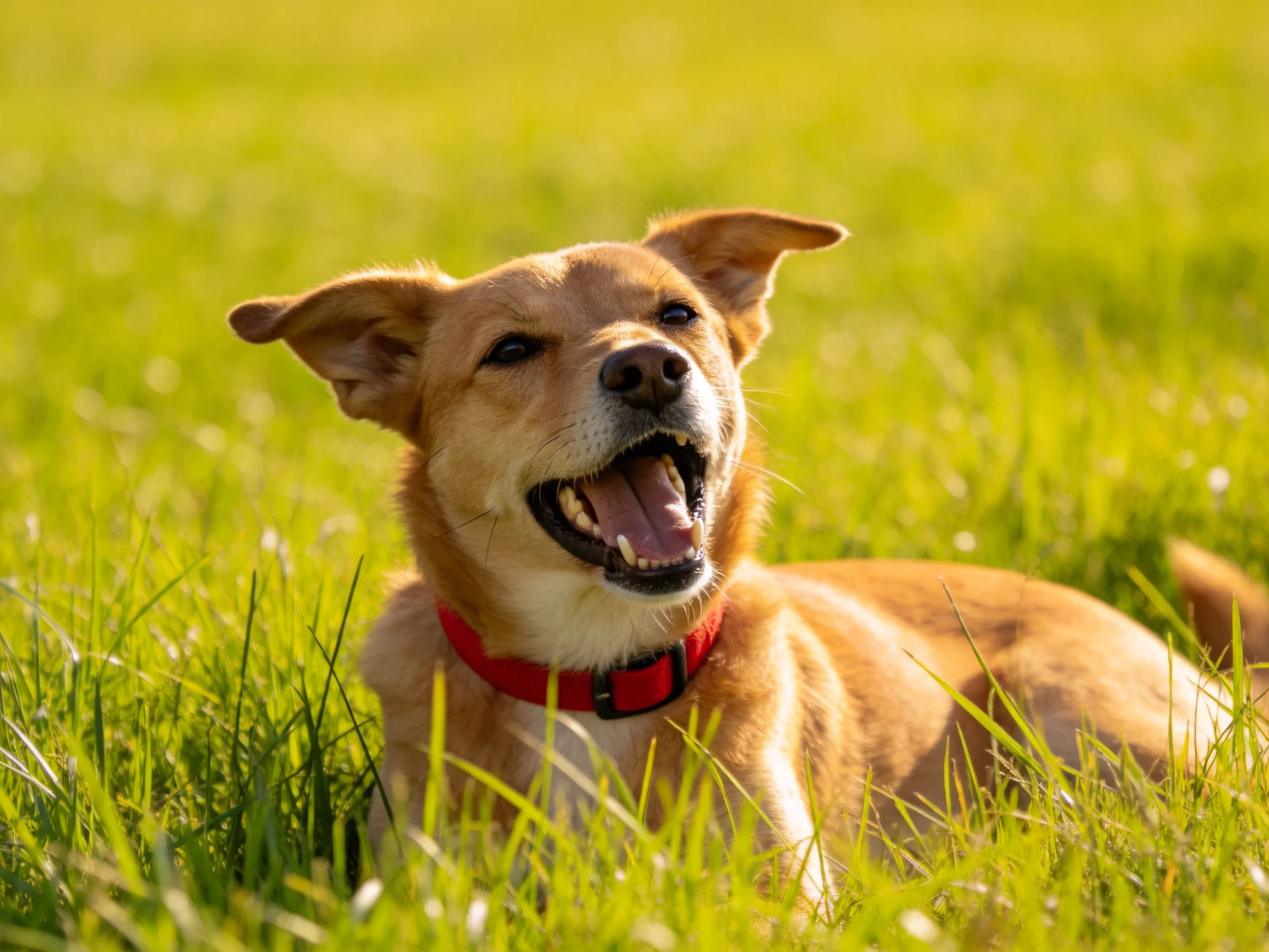 A tan dog with a red collar enjoys the green grass outdoors.