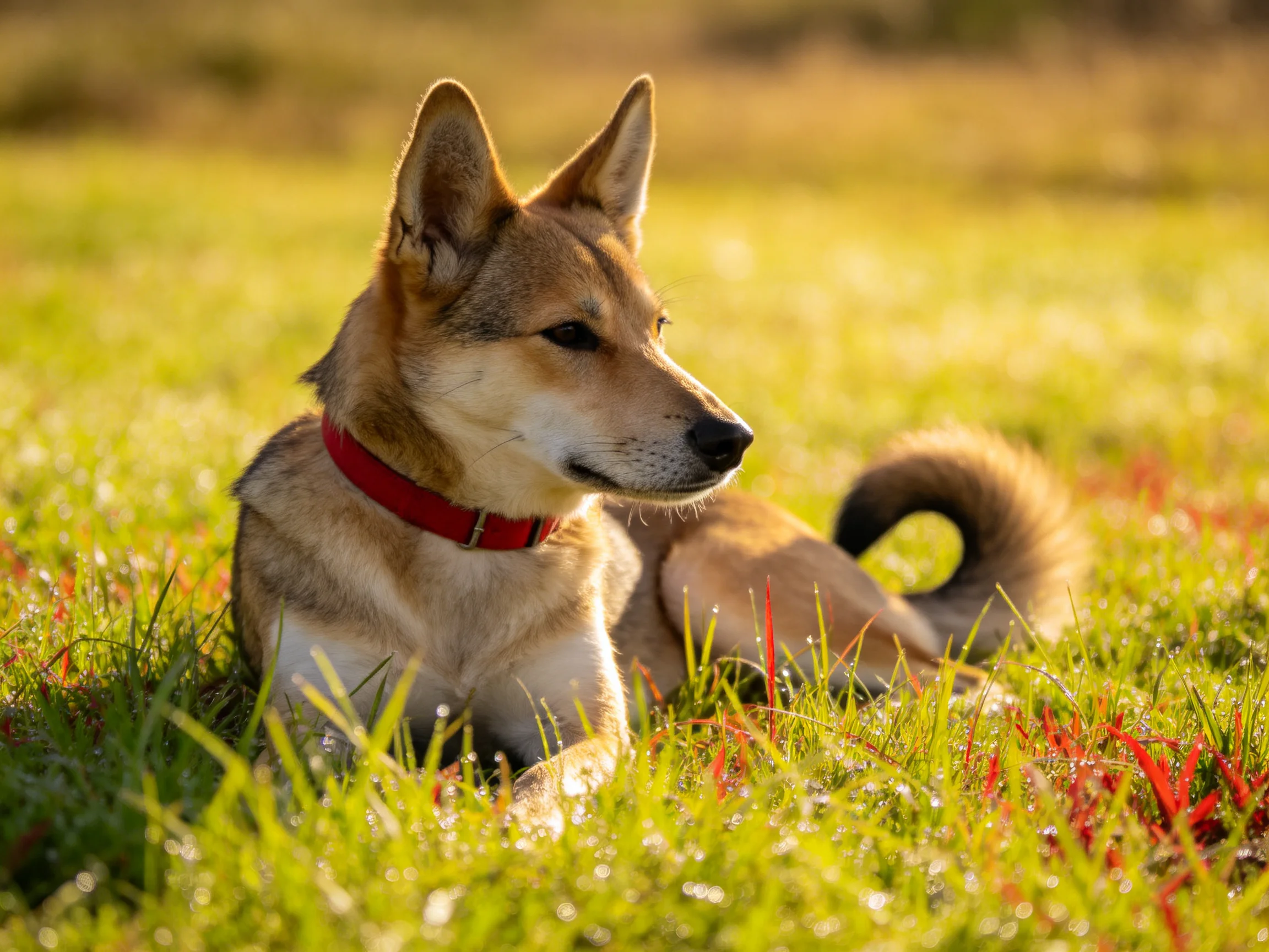 A tan dog with a red collar relaxes on grass in sunlight.
