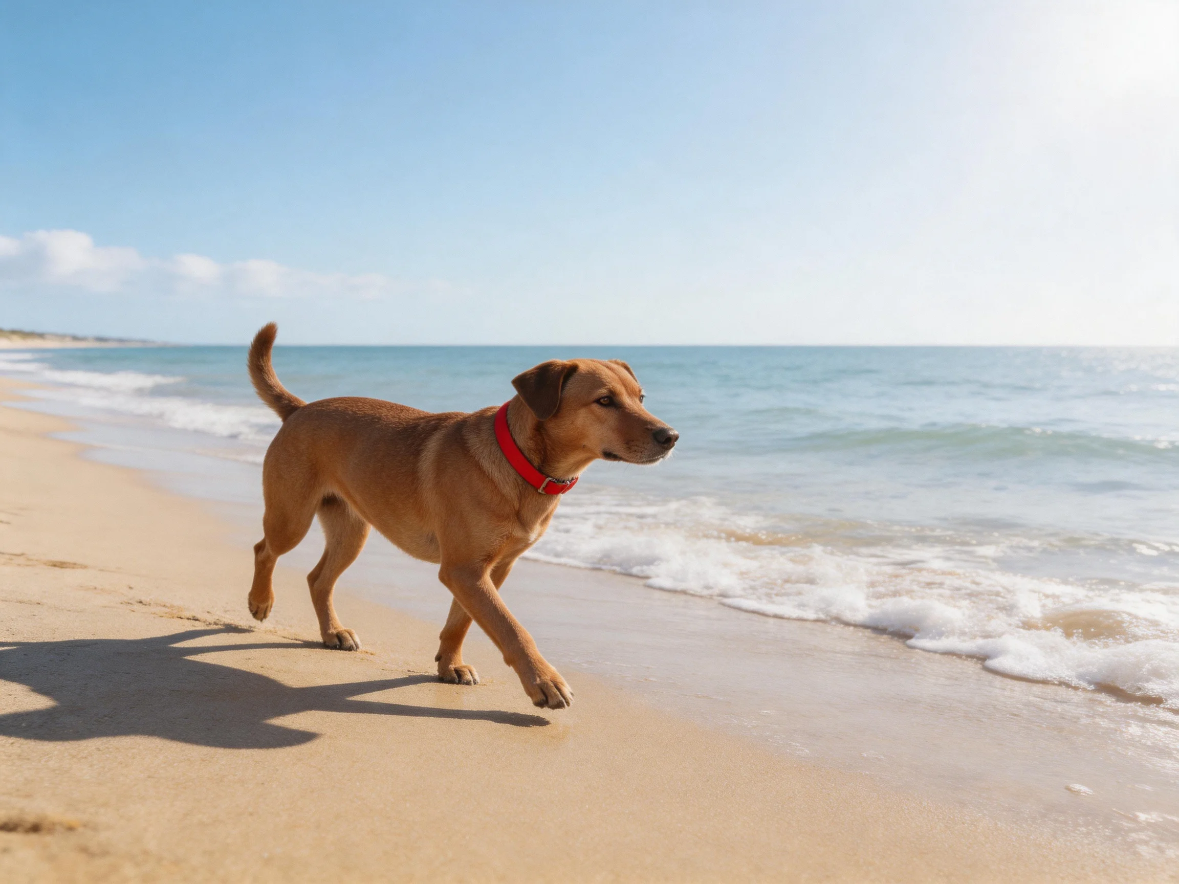 A tan dog with a red collar walks along a sandy beach near the water.