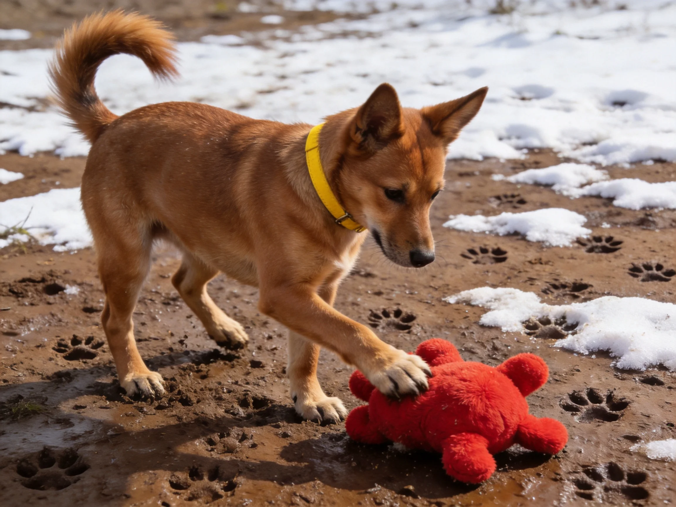 A tan dog with a yellow collar plays with a red stuffed toy on muddy, snow-dotted ground
