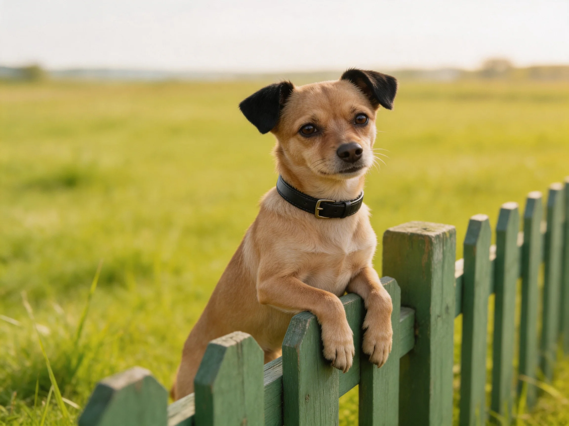 A tan dog with black ears looks over a green fence into a sunny grassy area