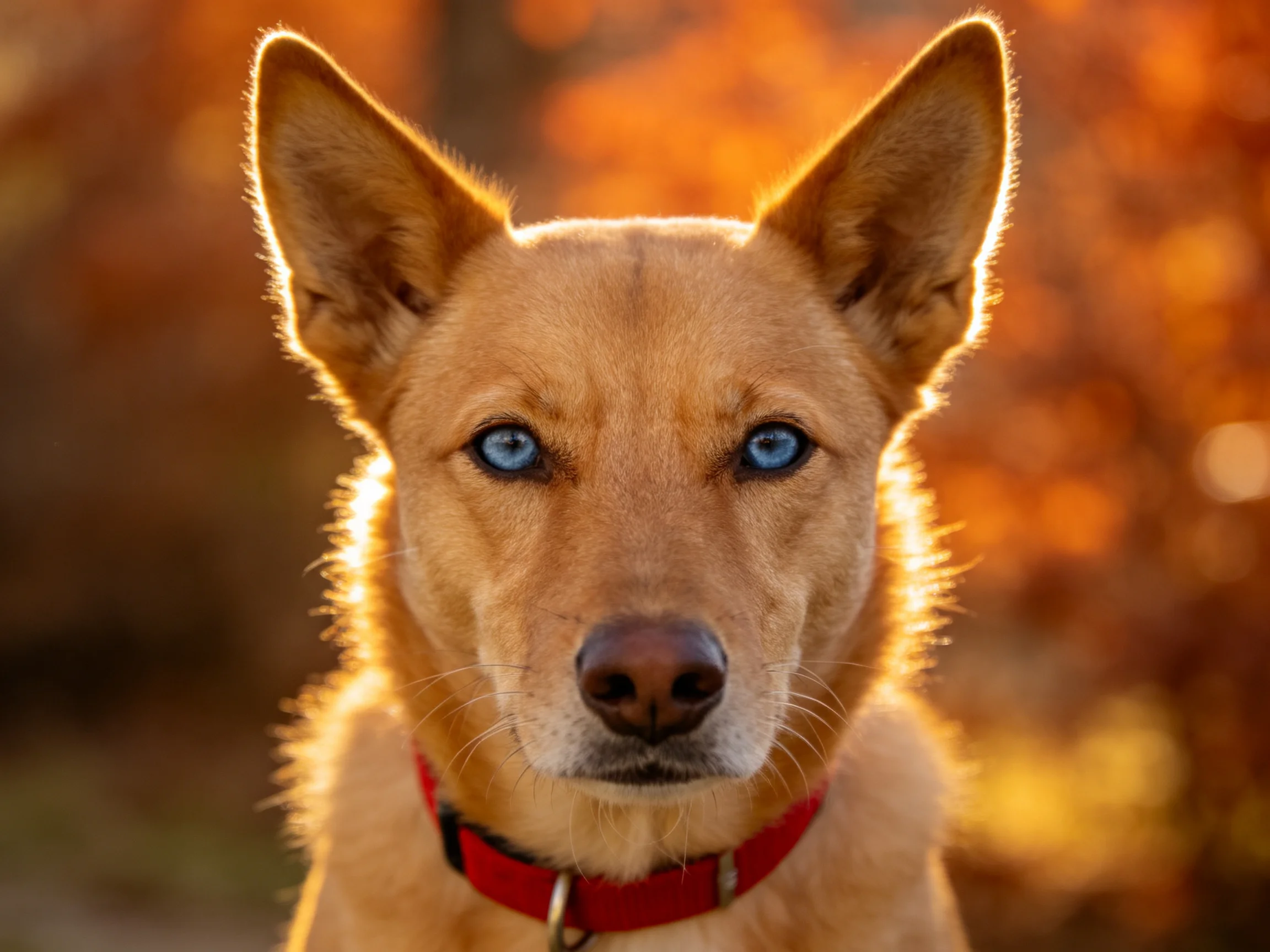 A tan dog with blue eyes stands out in a warm autumnal scene.