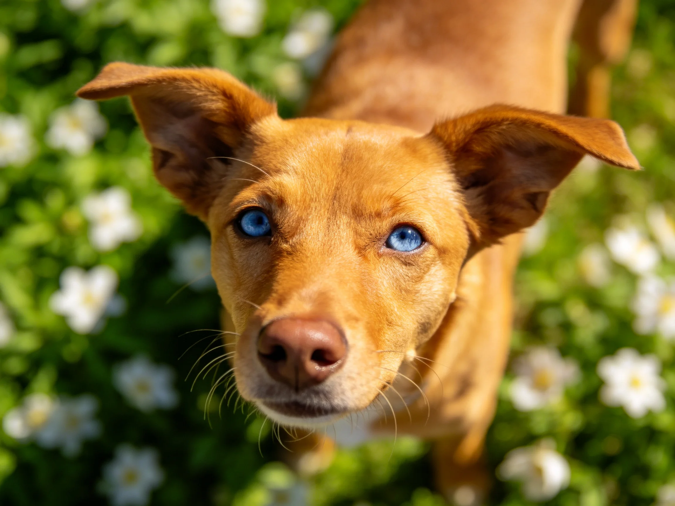A tan dog with blue eyes stands near white flowers in a green, sunlit environment.