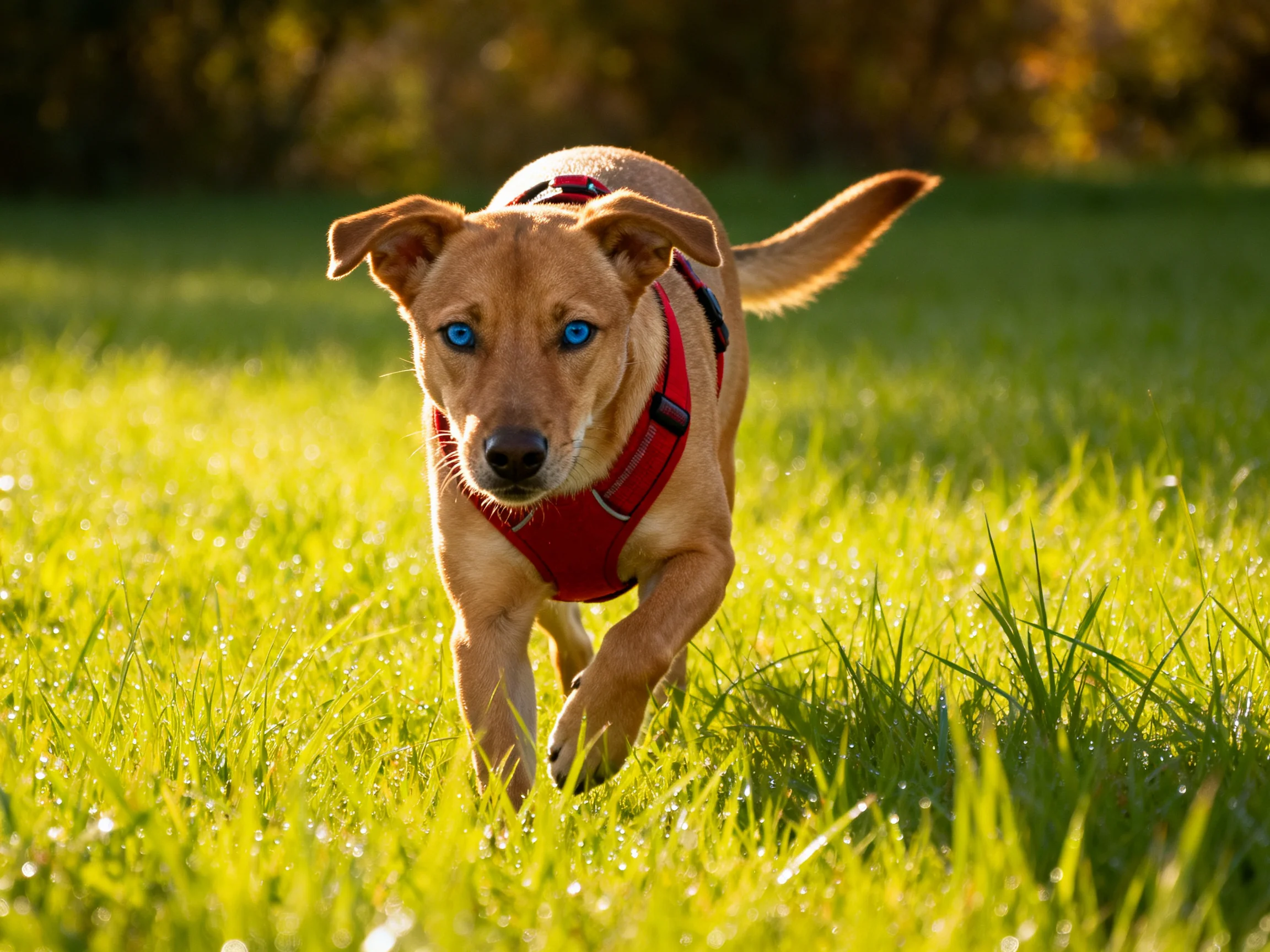 A tan dog with blue eyes runs through lush green grass wearing a red harness