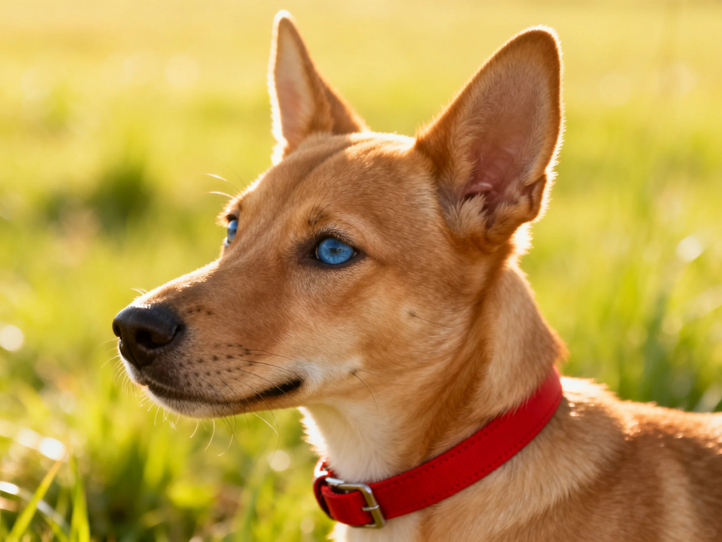 A tan dog with blue eyes wears a red collar in a grassy field