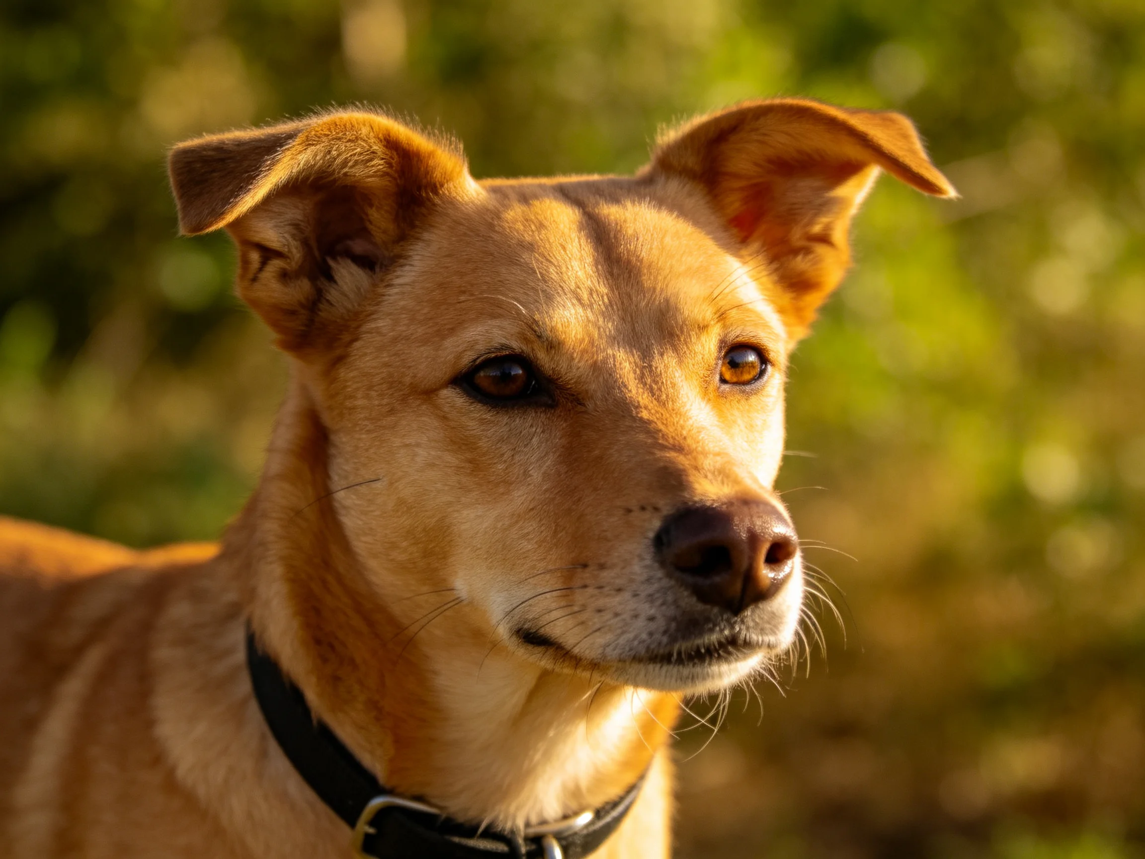 A tan dog with perked ears against a blurred green backdrop