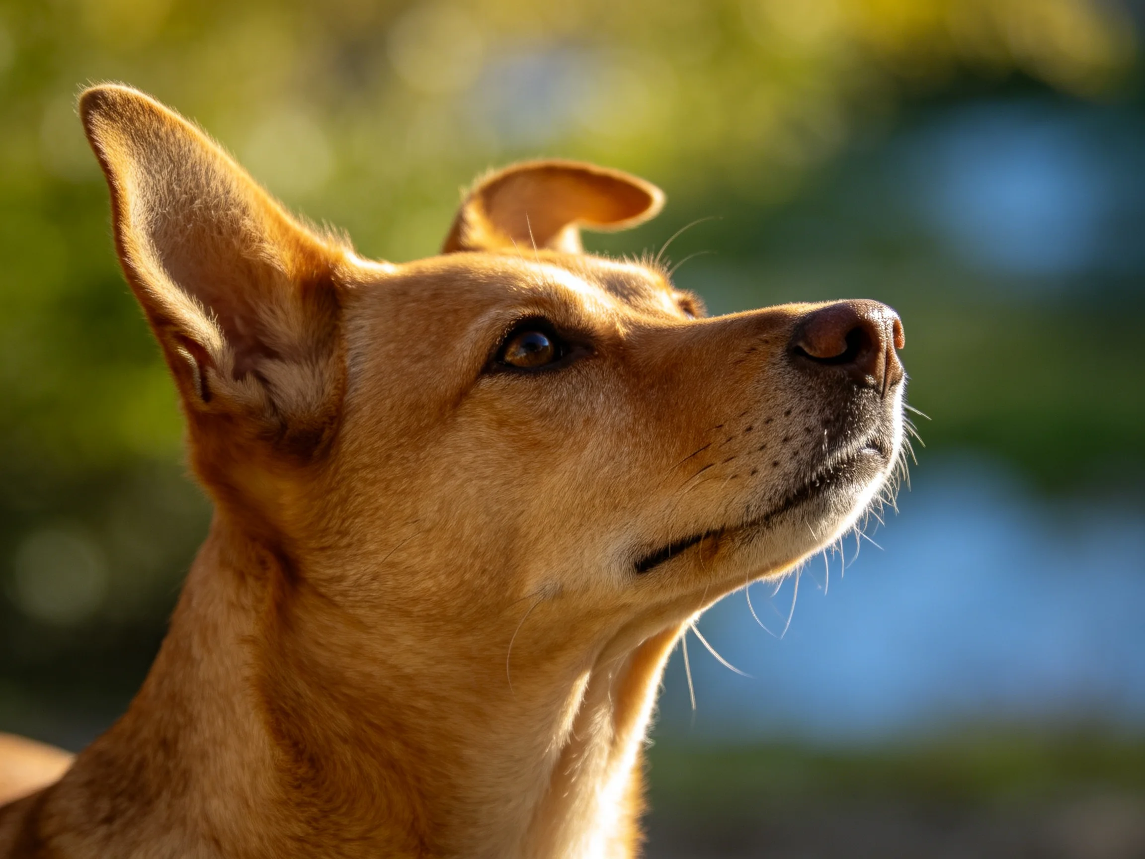 A tan dog with perked ears gazes upward against a blurred green-blue backdrop