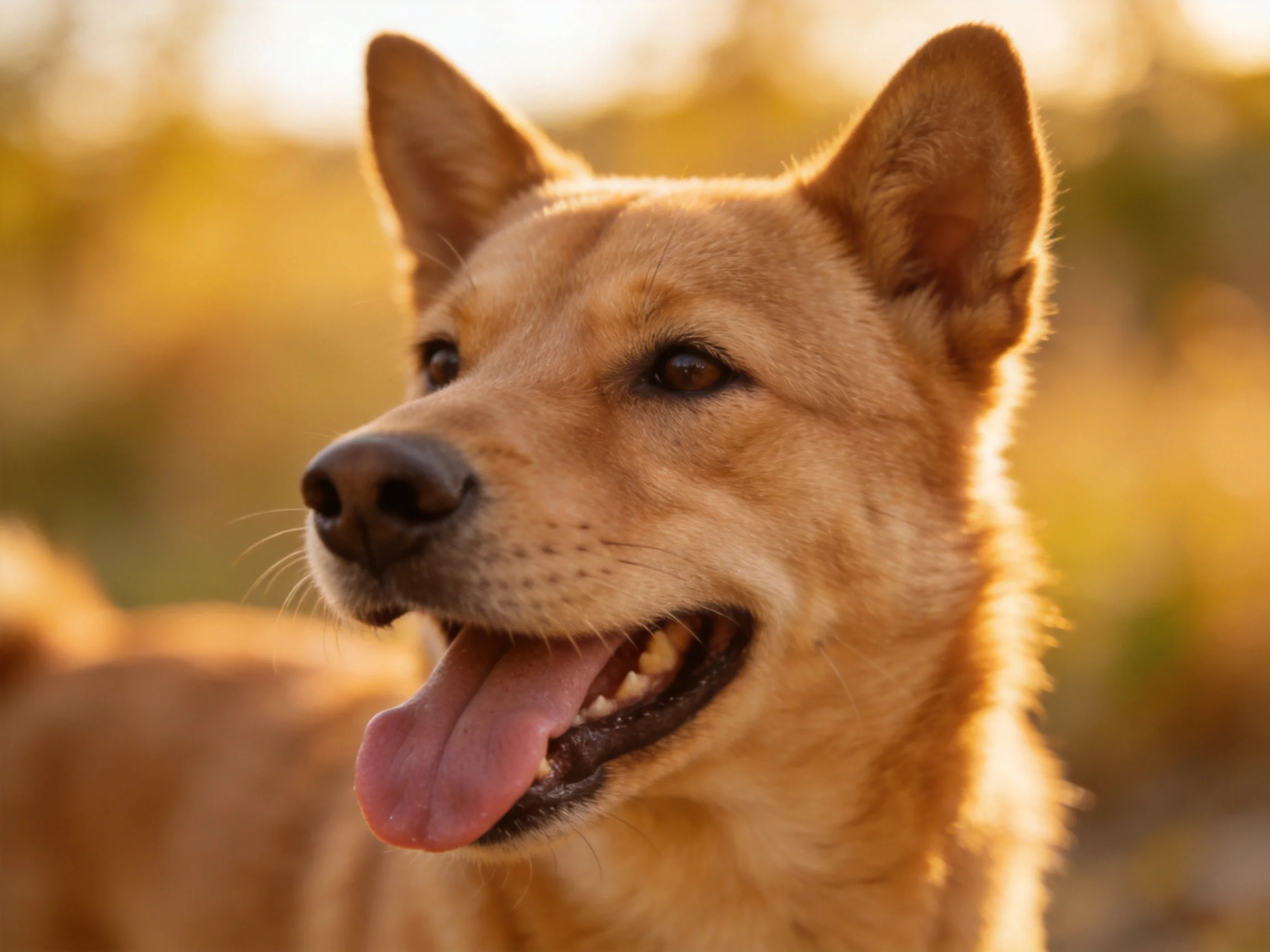 A tan dog stands joyfully in a sunlit outdoor area.