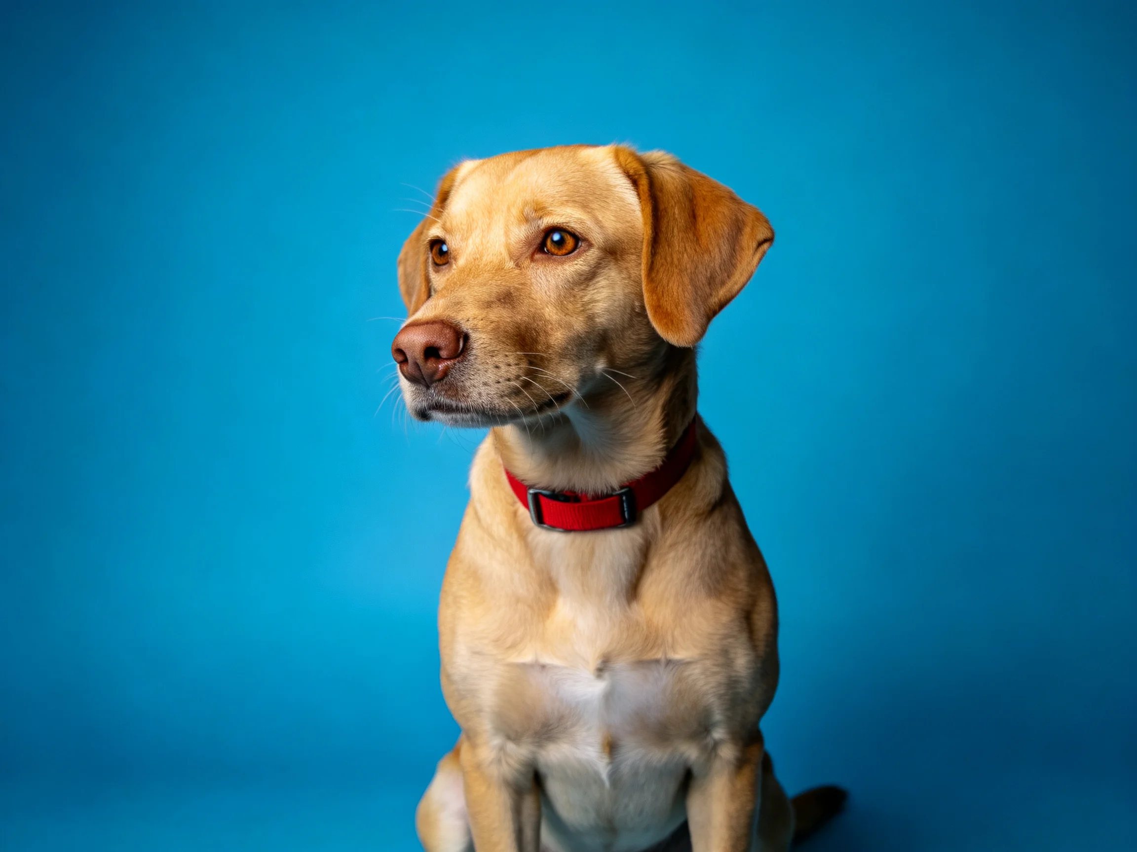 A tan dog with red collar posed against solid blue backdrop