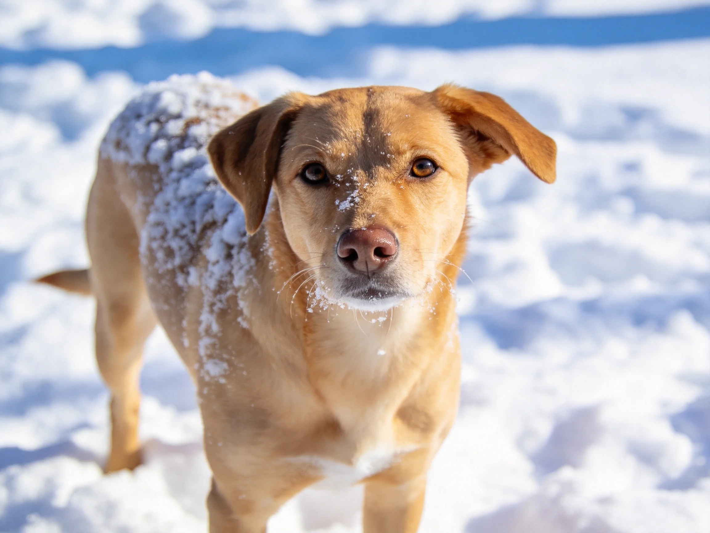 A tan dog with snow on its coat stands on bright snowy ground