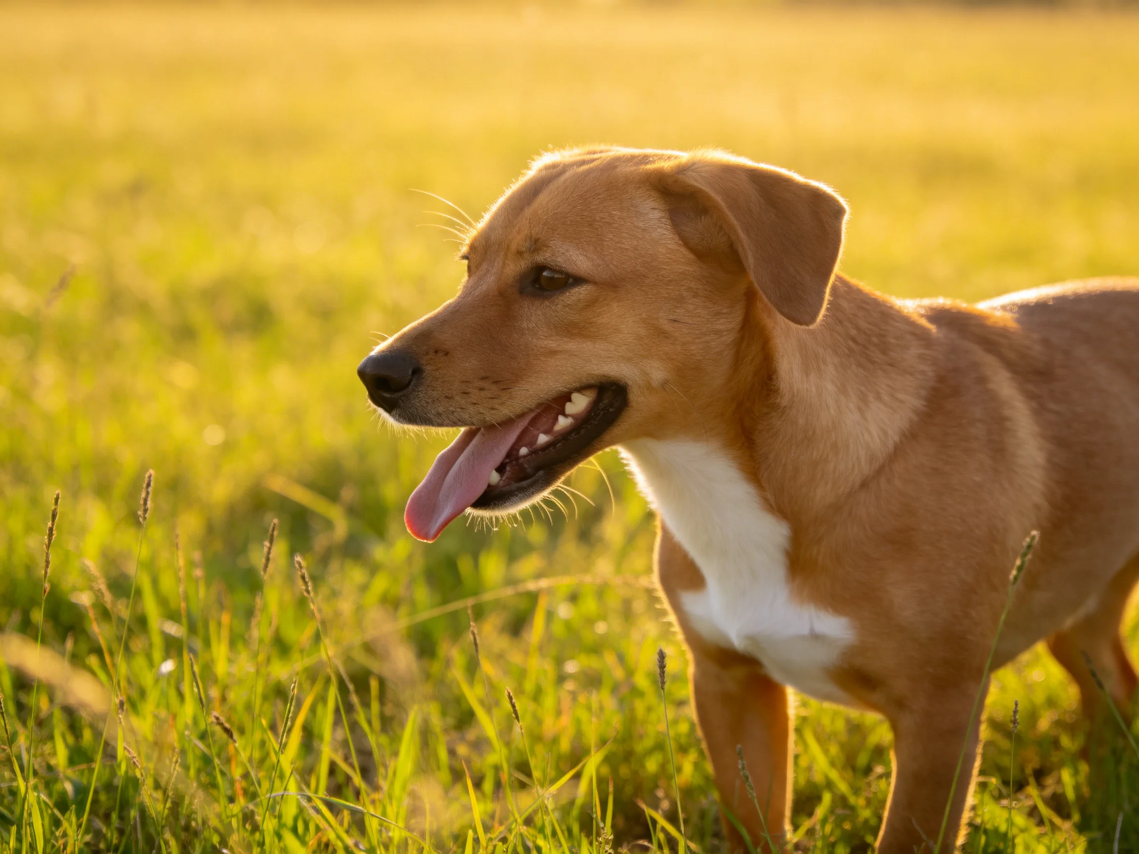 A tan dog with white chest stands in a sunlit green meadow