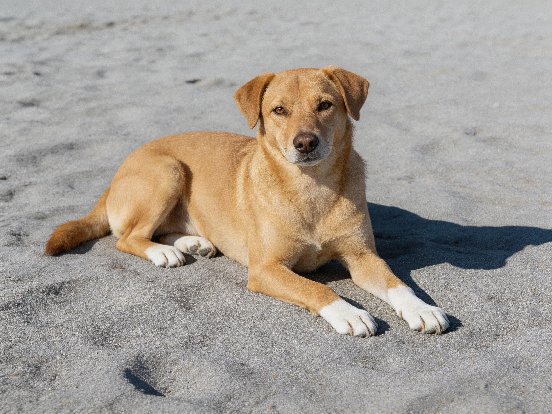 A tan dog with white paws lies calmly on sandy terrain.