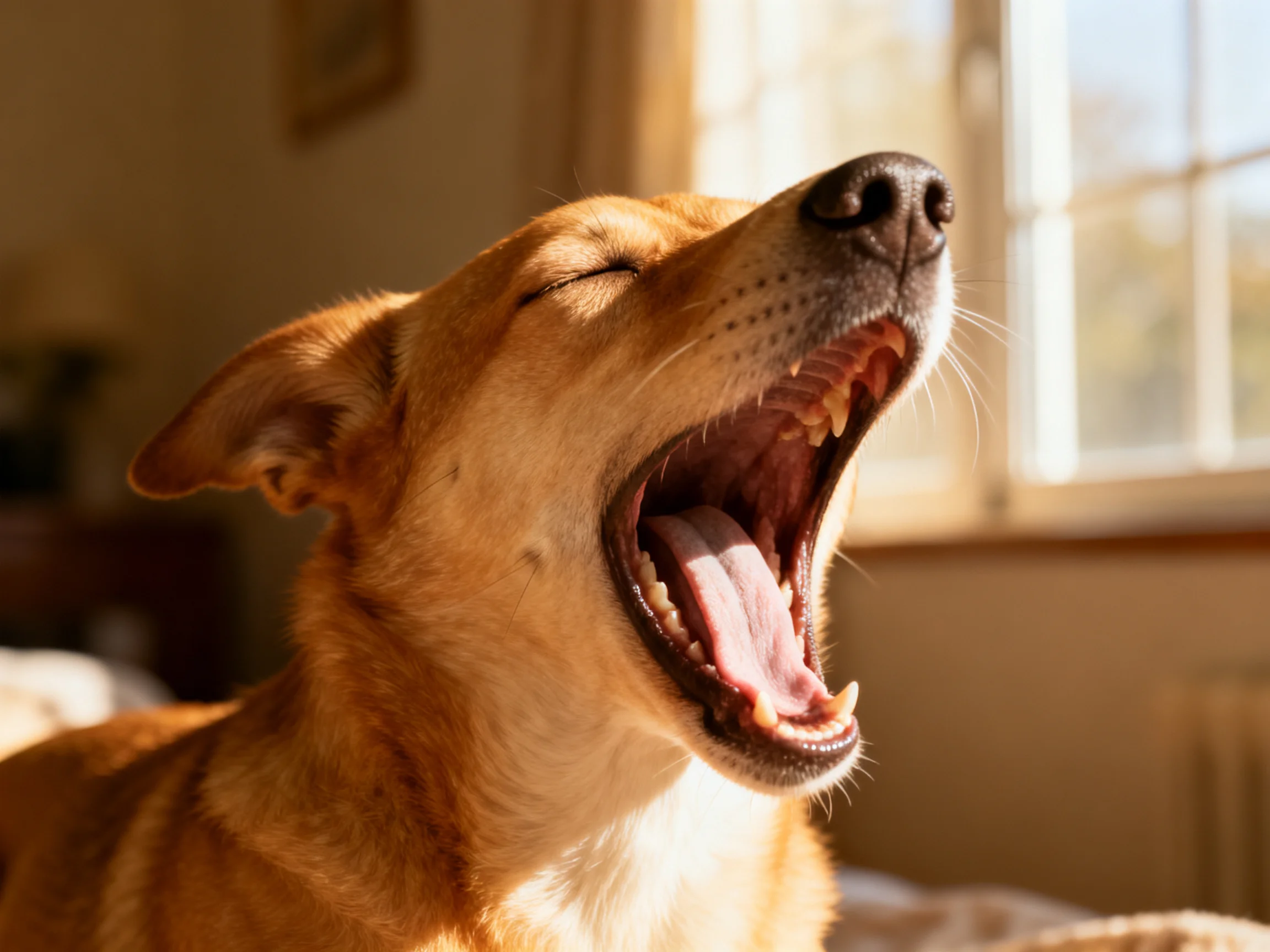 A tan dog yawns widely near a sunlit window with closed eyes