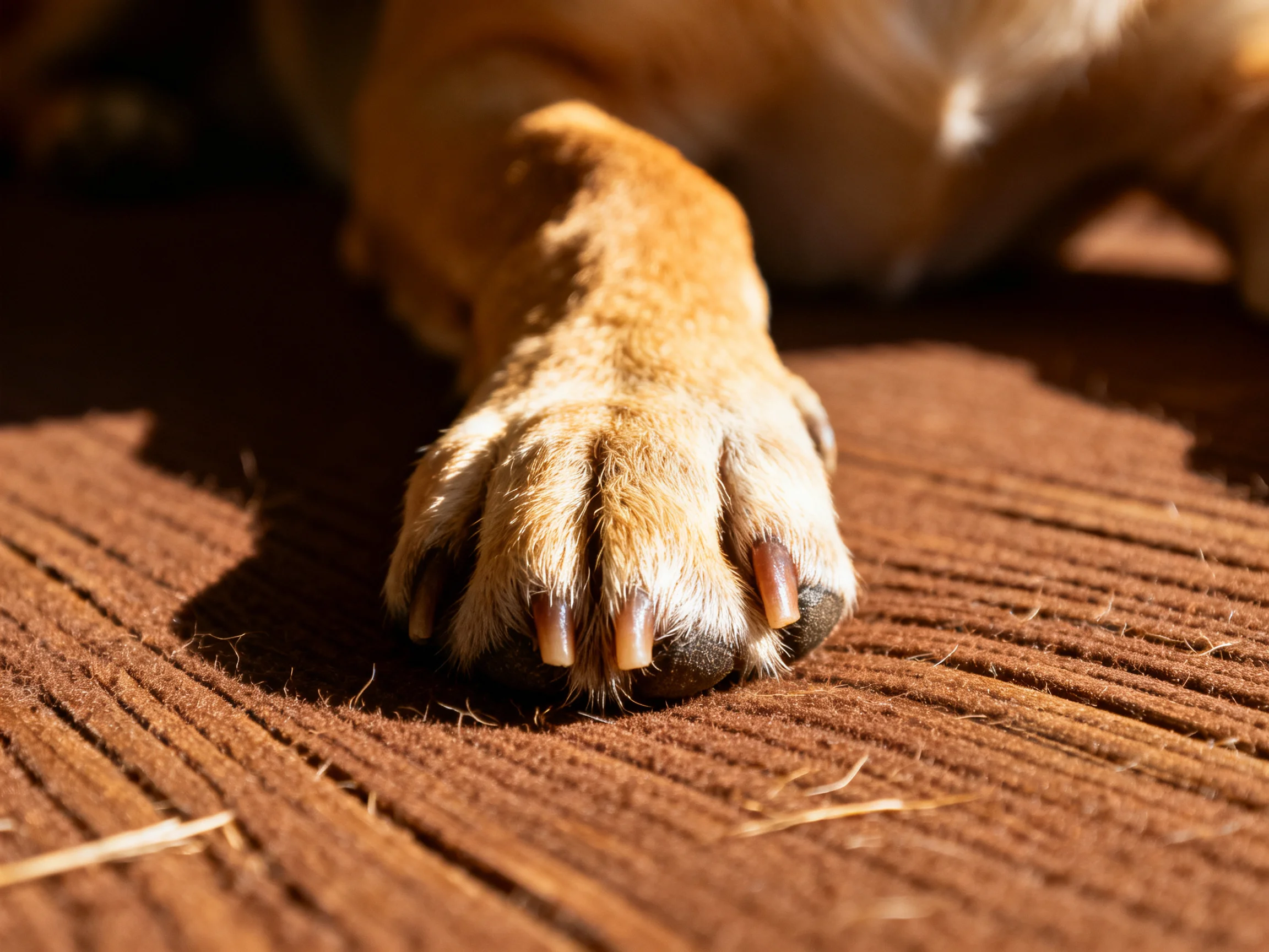 A tan dog’s paw resting on a textured brown mat