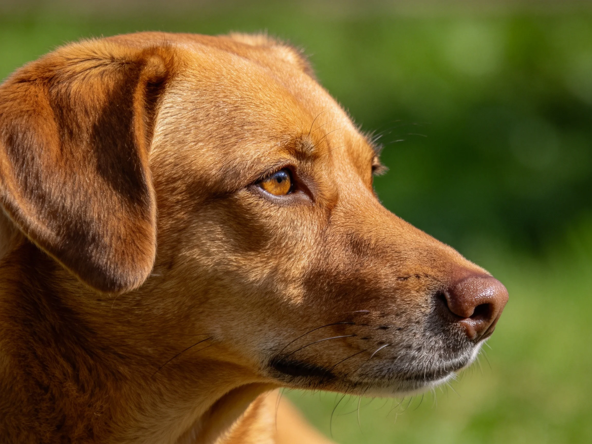 A tan dog’s profile with golden eyes against a blurred green backdrop