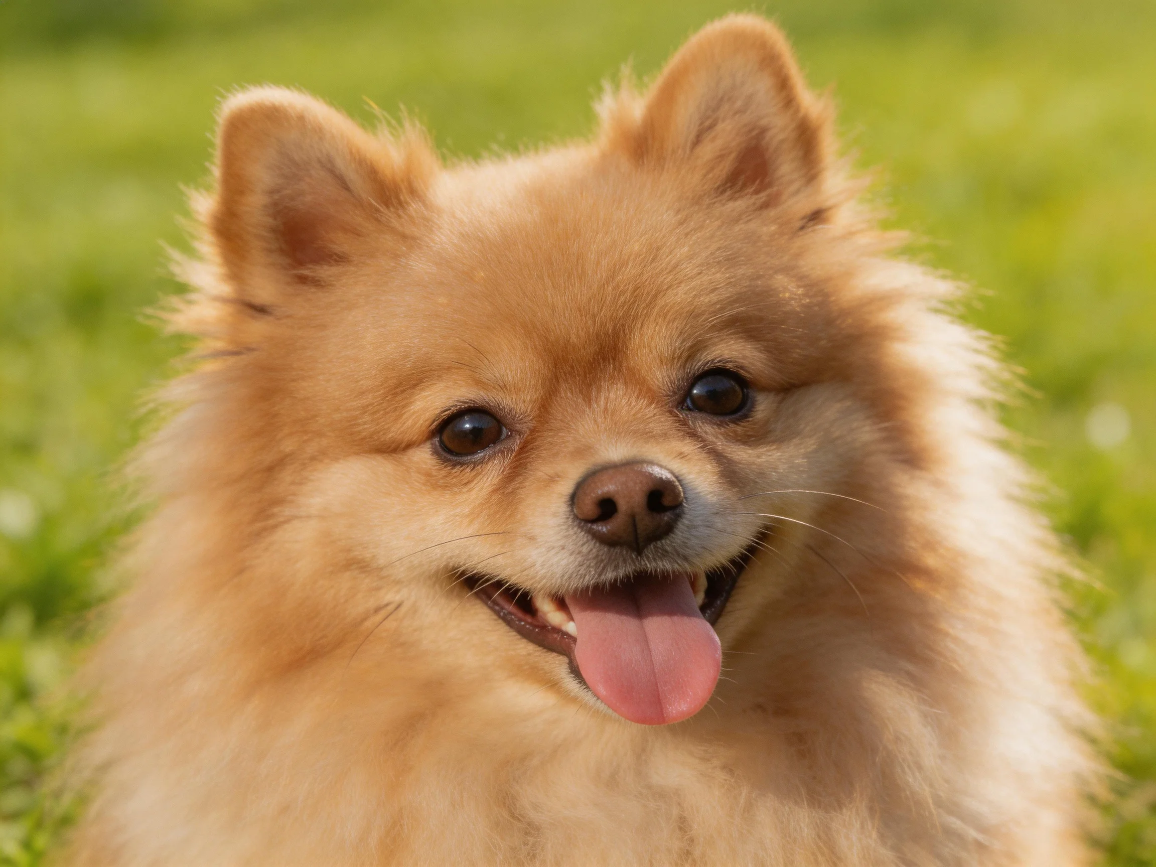 A tan-furred Pomeranian with fluffy coat in a green outdoor setting
