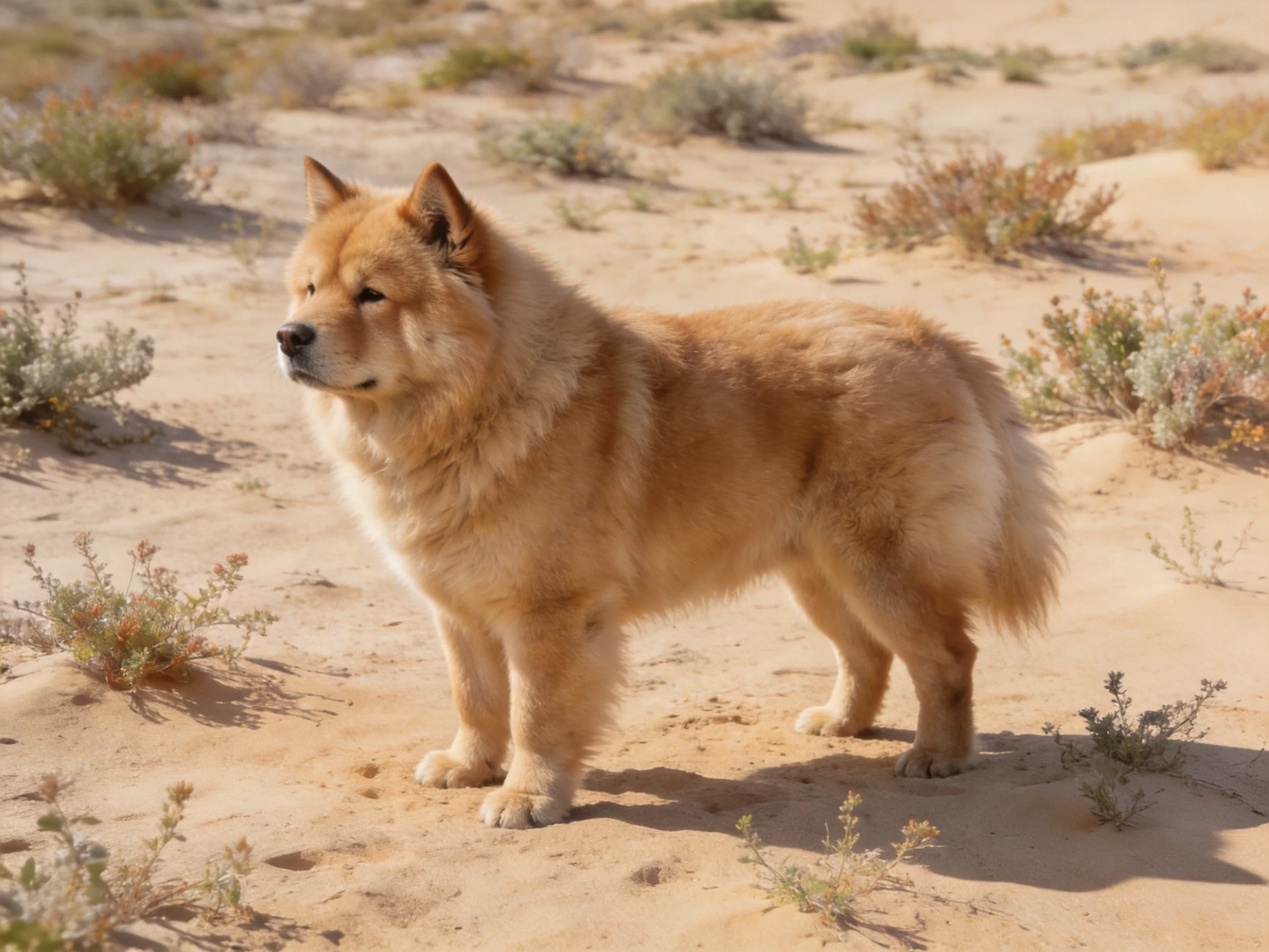 A tan-furred dog stands alert in a sunlit sandy landscape with sparse vegetation