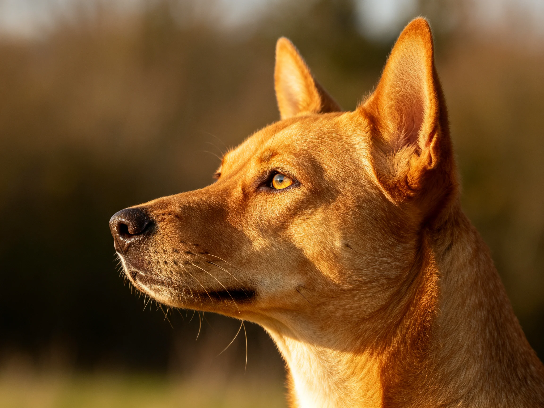A tan-furred dog with upright ears gazes outdoors under warm light