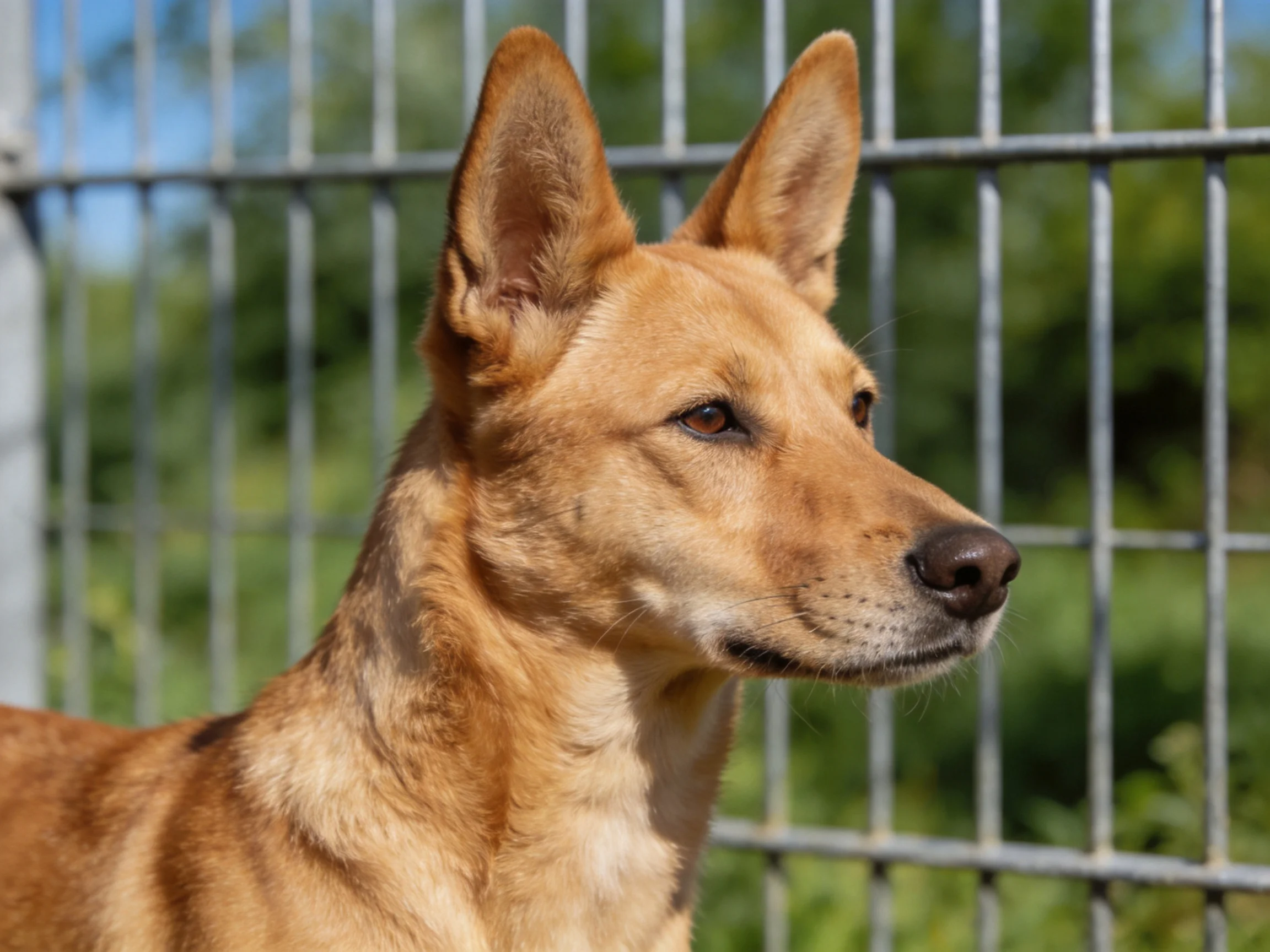 A tan-furred dog with upright ears near a metal fence