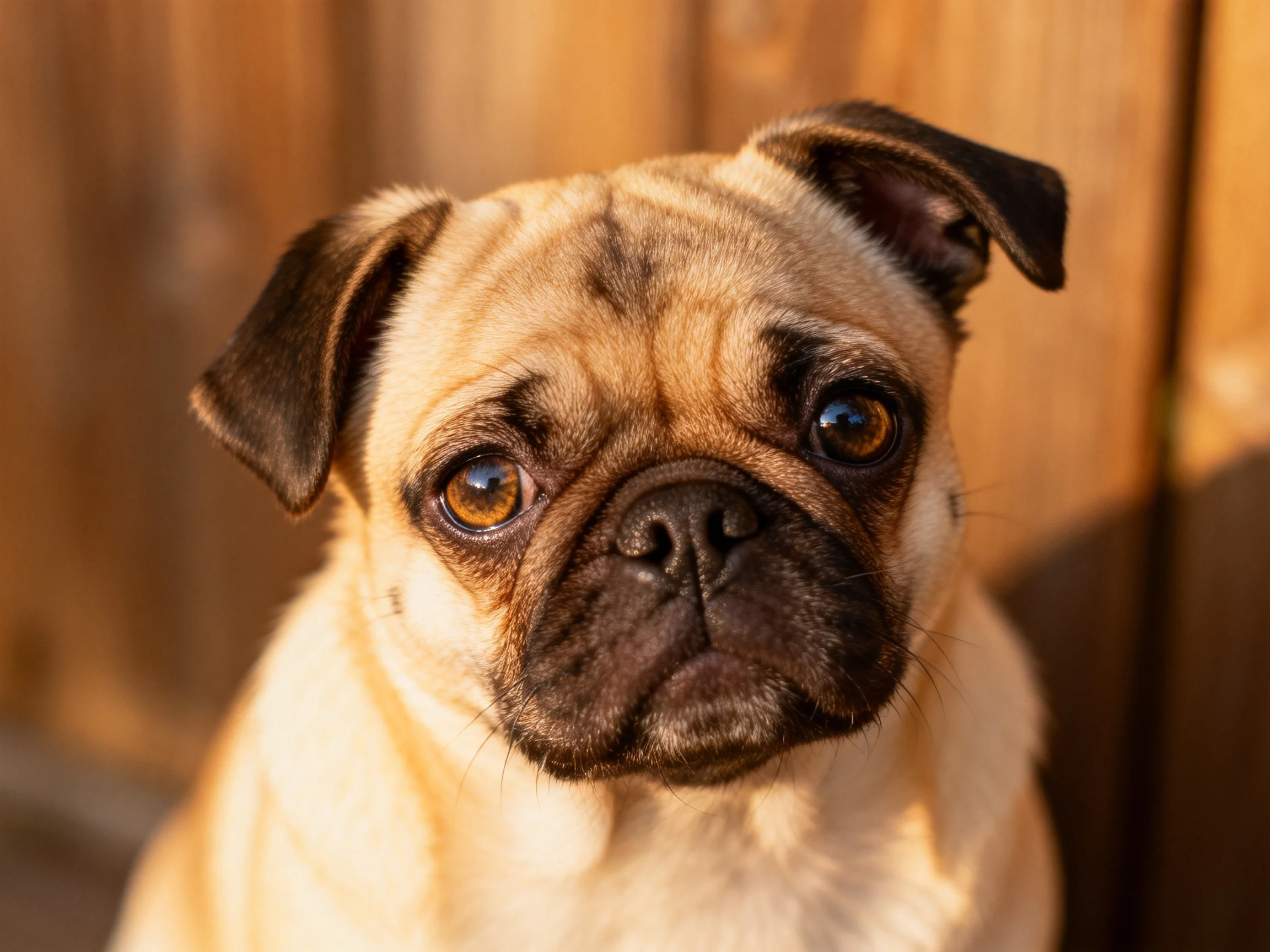 A tan-furred pug puppy with dark brown markings near a wooden fence