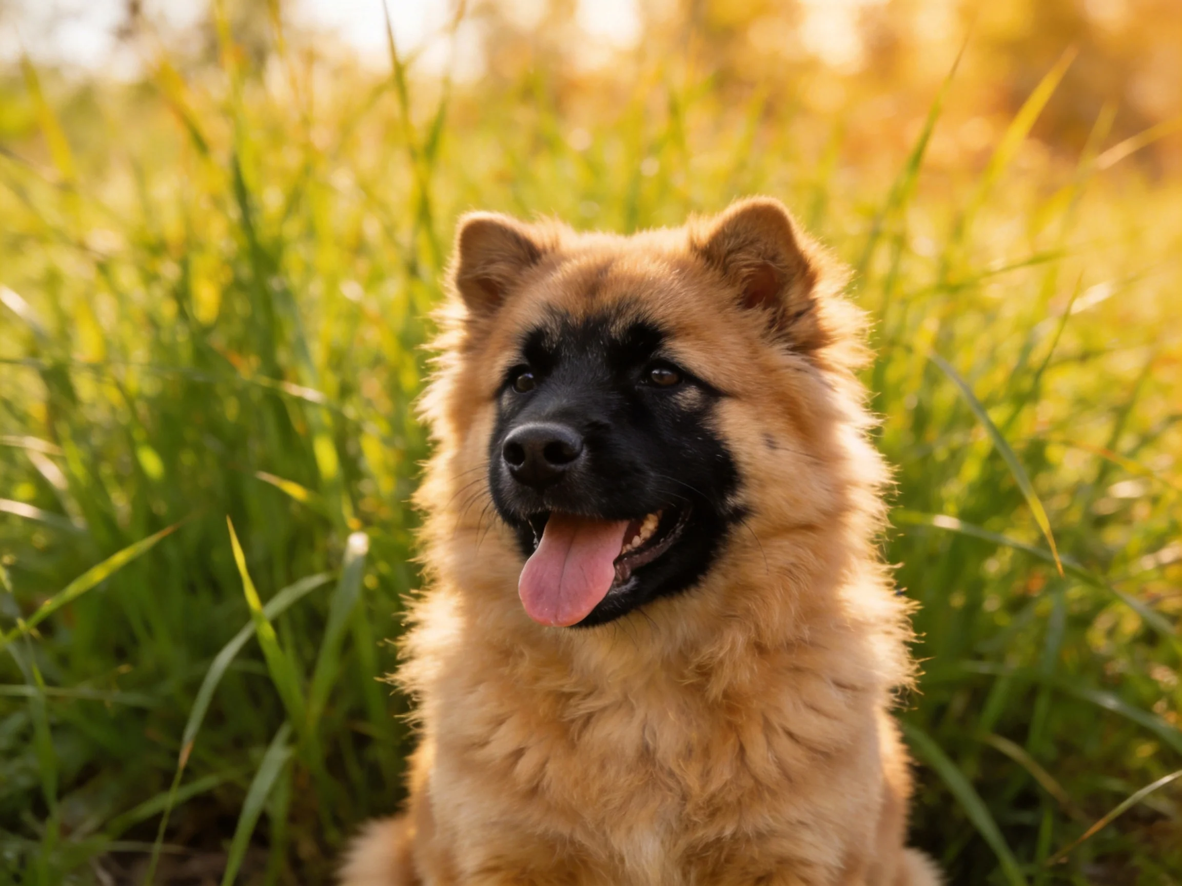 A tan-furred puppy with black face sits among tall green grass under golden sunlight
