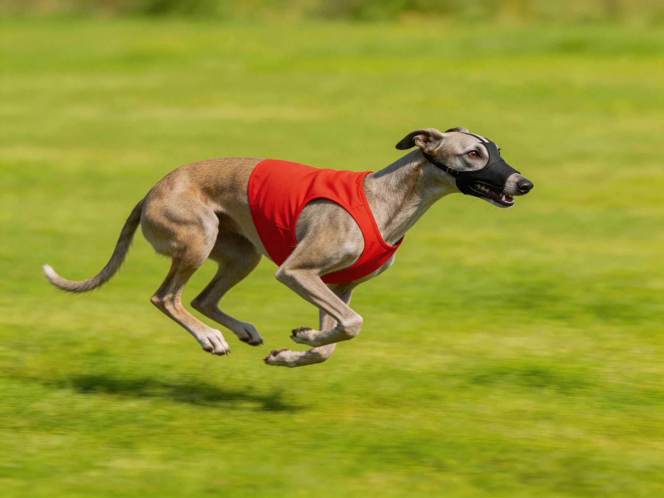 A tan greyhound in a red vest races over green grass
