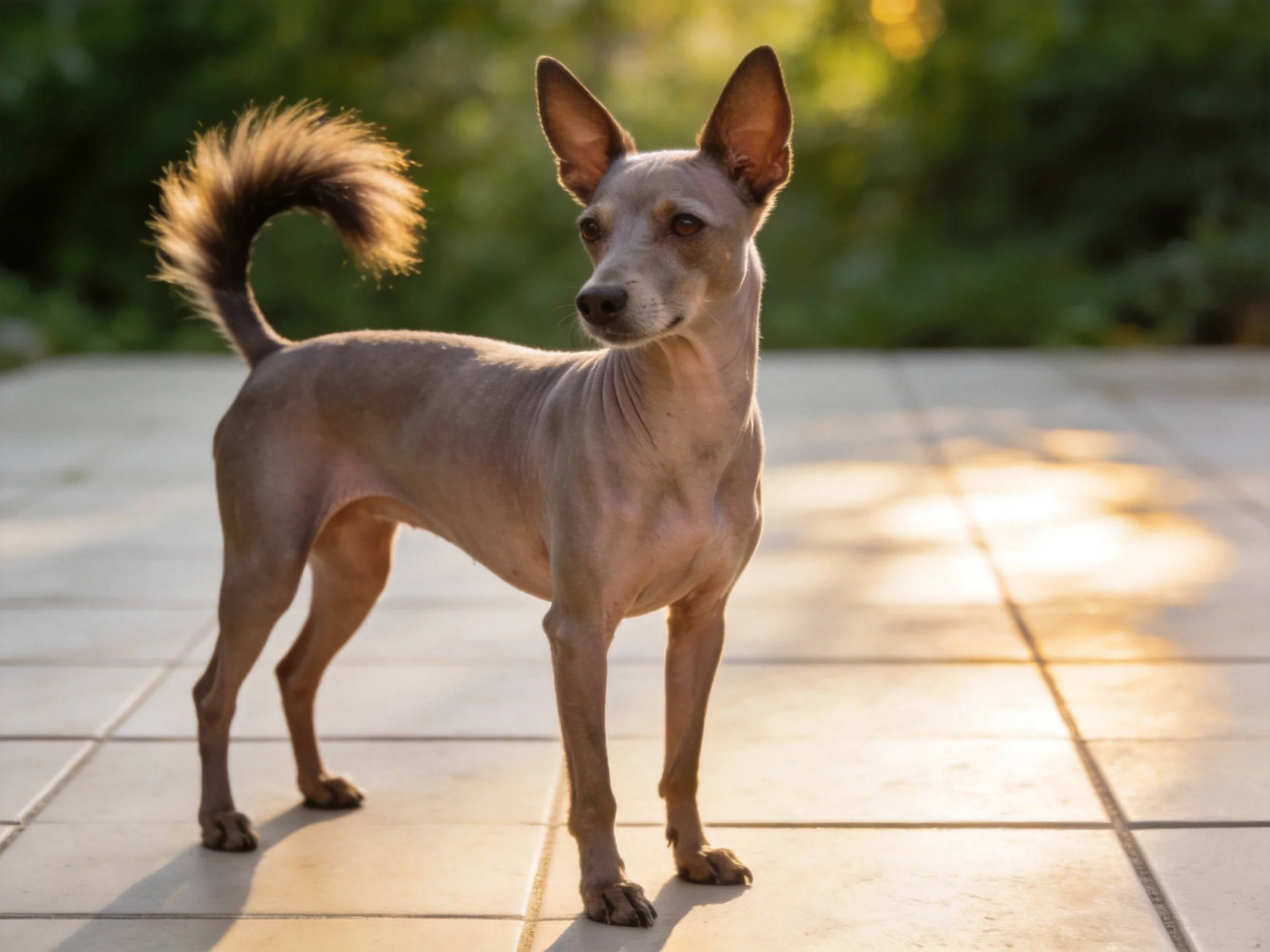 A tan hairless dog with a bushy tail stands on sunlit tiles