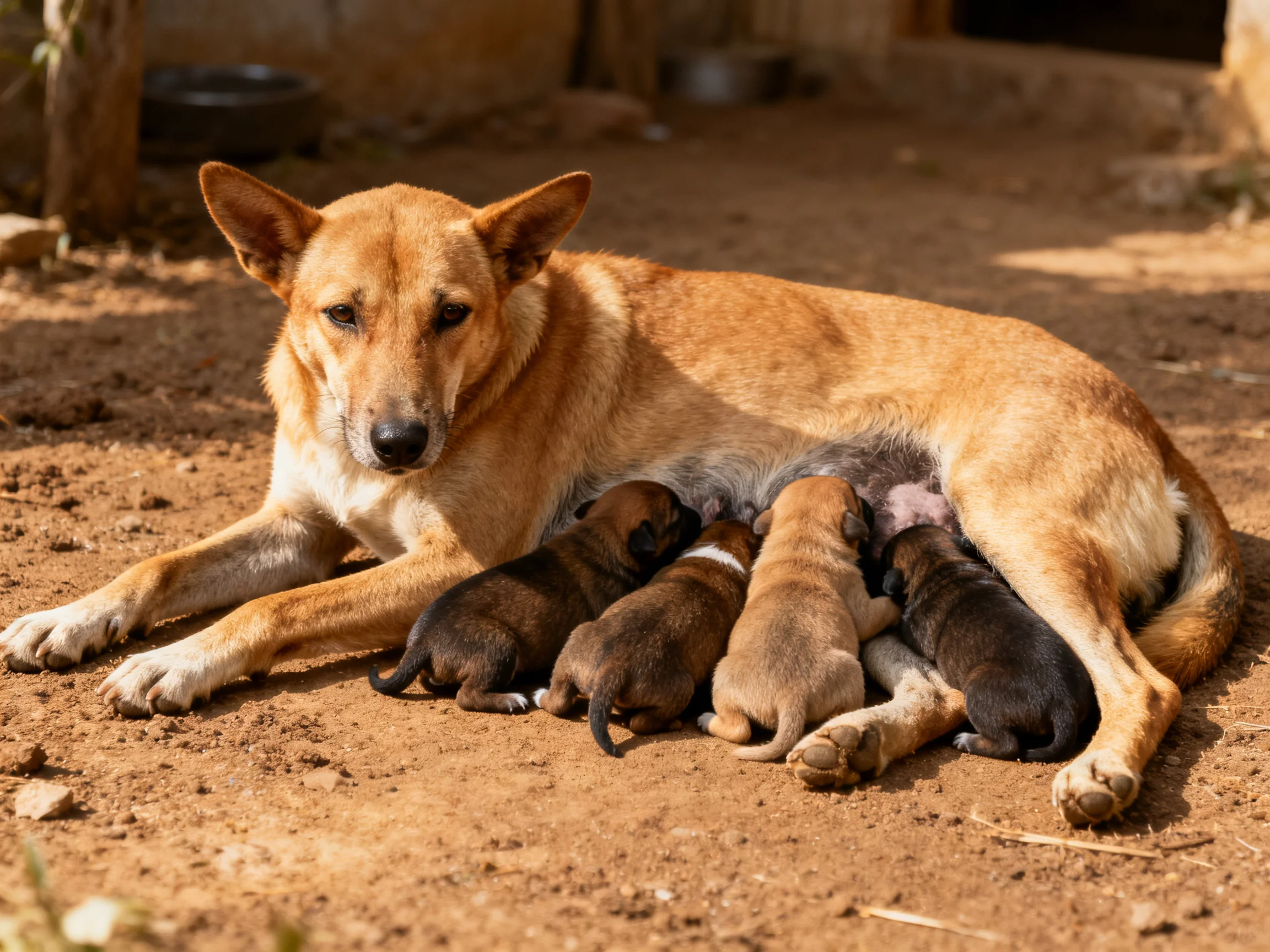 A tan mother dog nurses her puppies on a dusty outdoor ground
