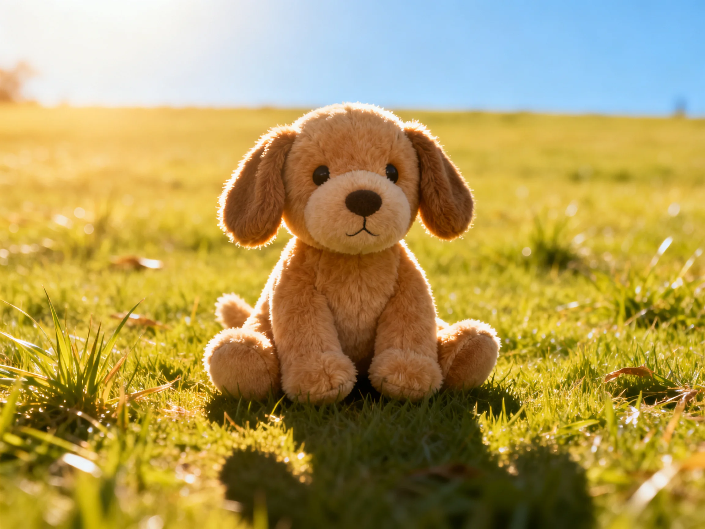 A tan plush puppy sits on vibrant green grass beneath bright sunlight