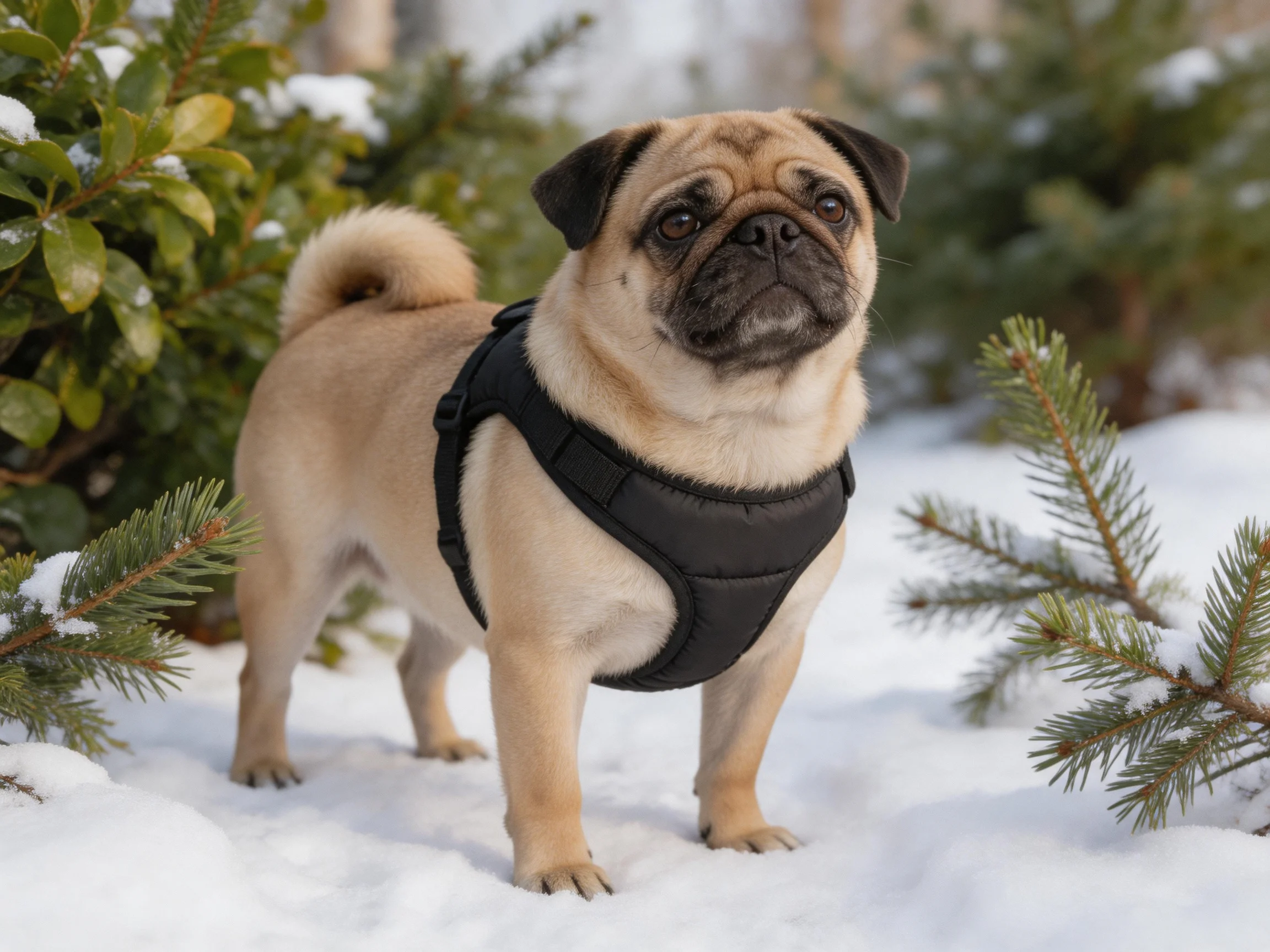 A tan pug in a black harness stands on snowy evergreen terrain