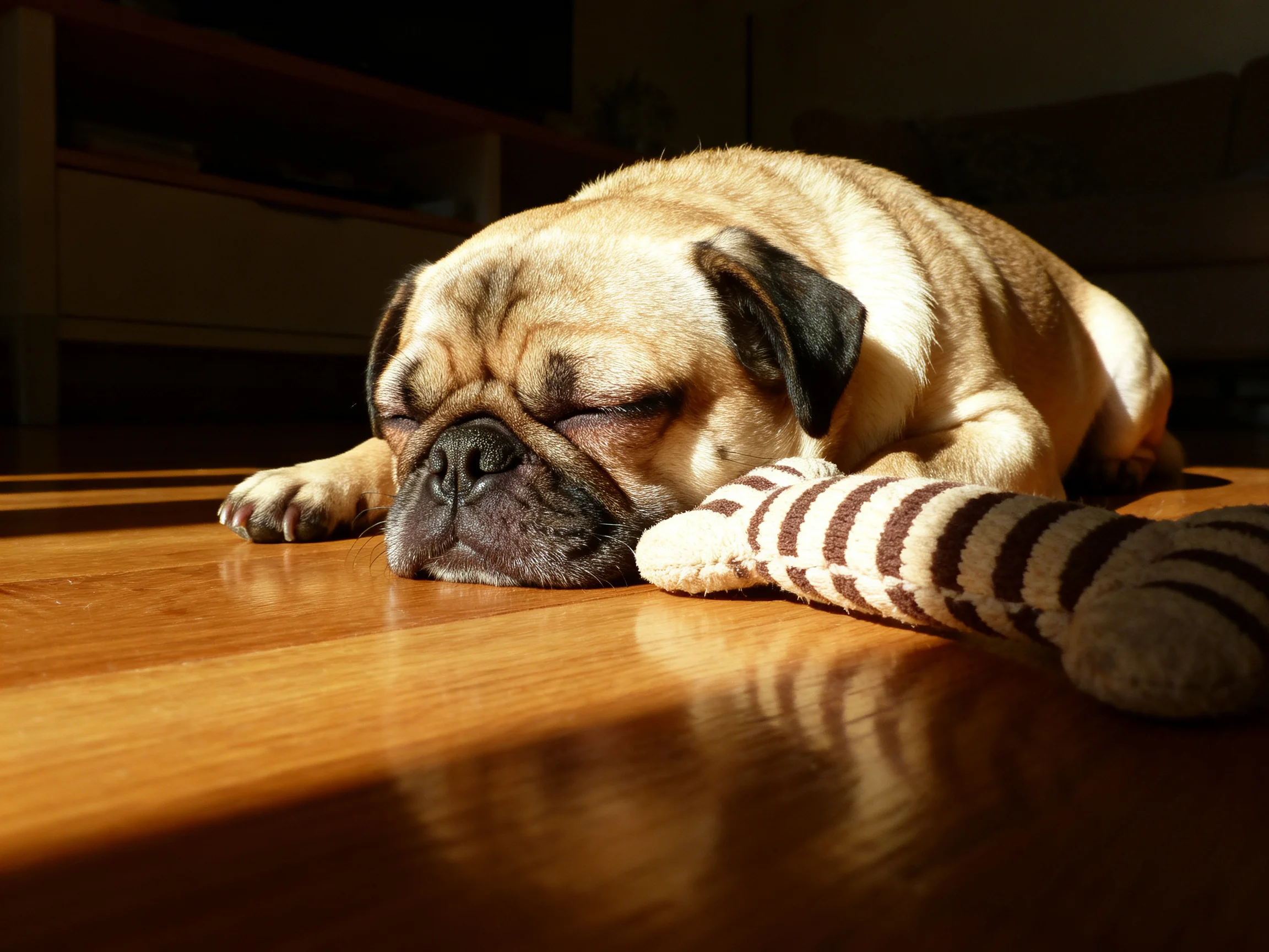 A tan pug rests near a brown-striped plush toy on a glossy wooden surface