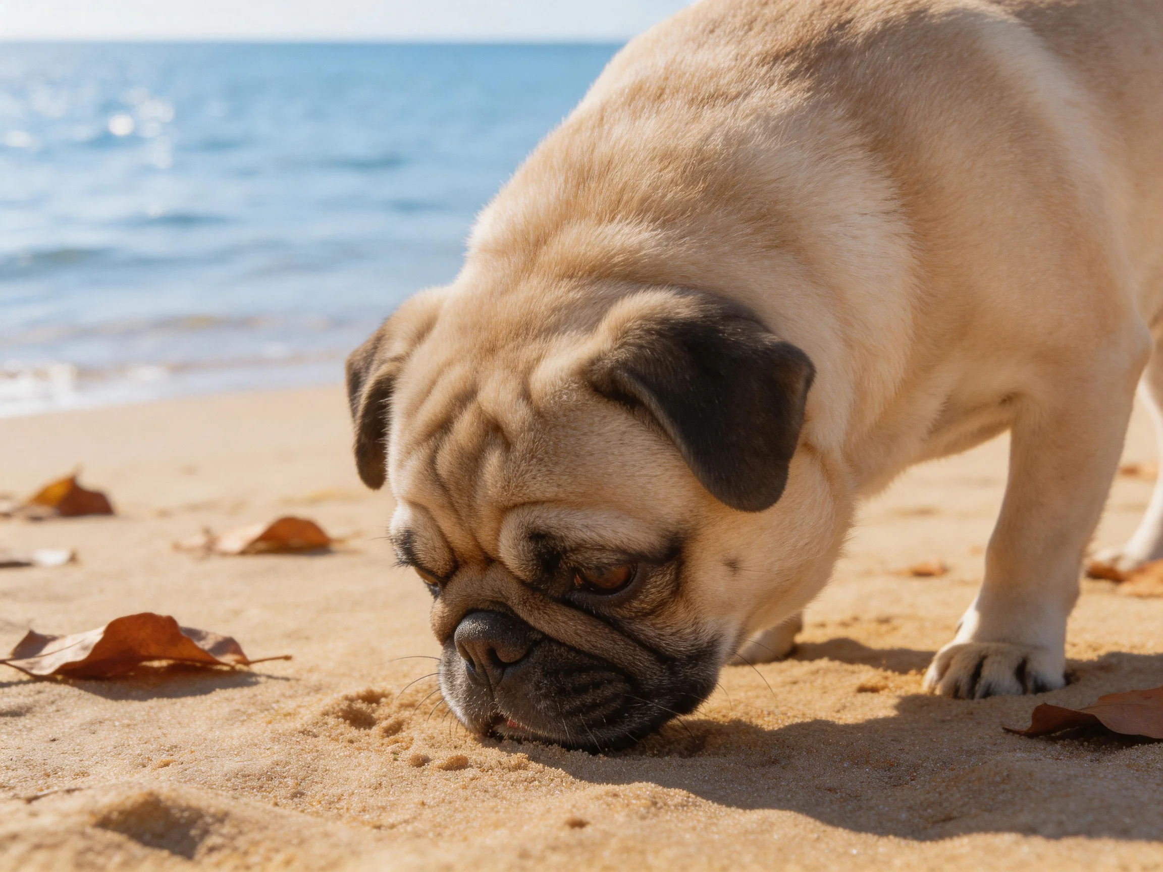 A tan pug sniffs sandy beach with blue ocean