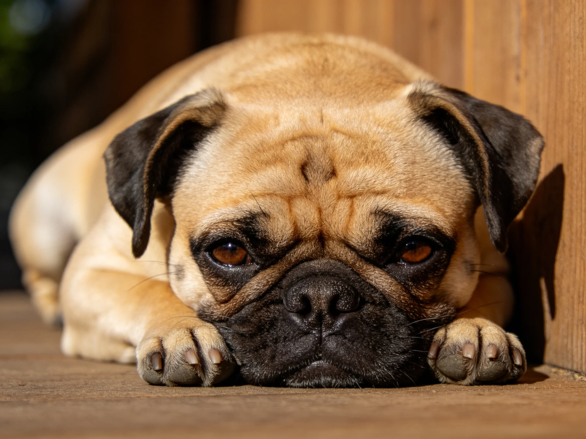 A tan pug with dark ears rests near a wooden structure