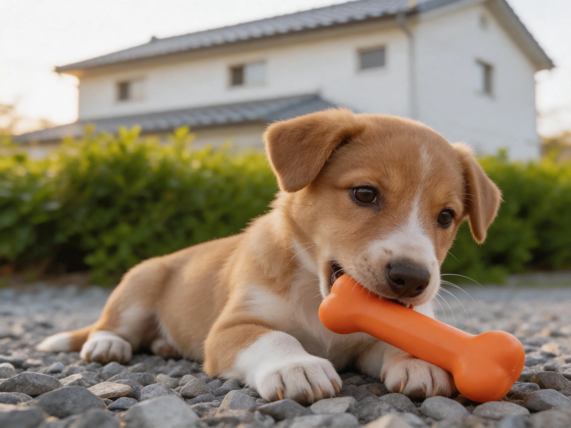 A tan puppy chews an orange bone toy near a white house