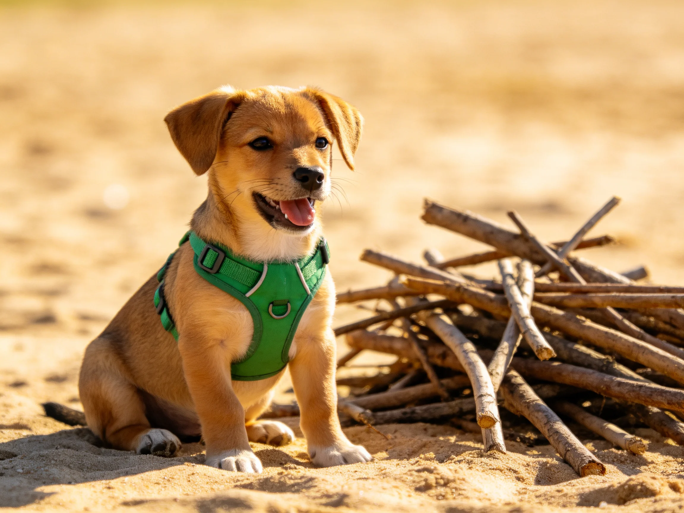 A tan puppy in a green harness sits near a wood pile on sandy ground